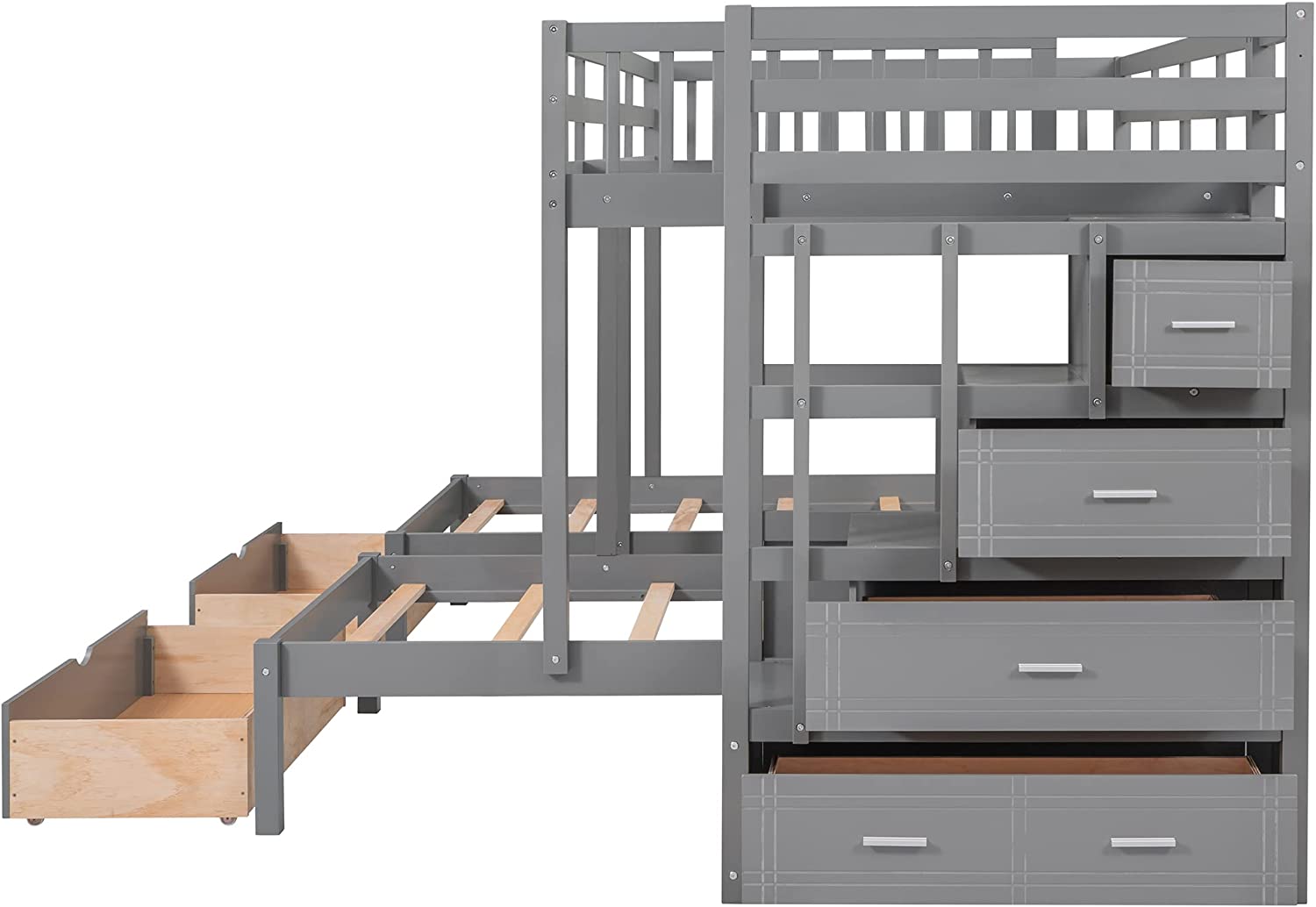 Full Over Twin & Twin Bunk Bed, Wood Triple Bunk-Beds with Drawers and Guardrails,White