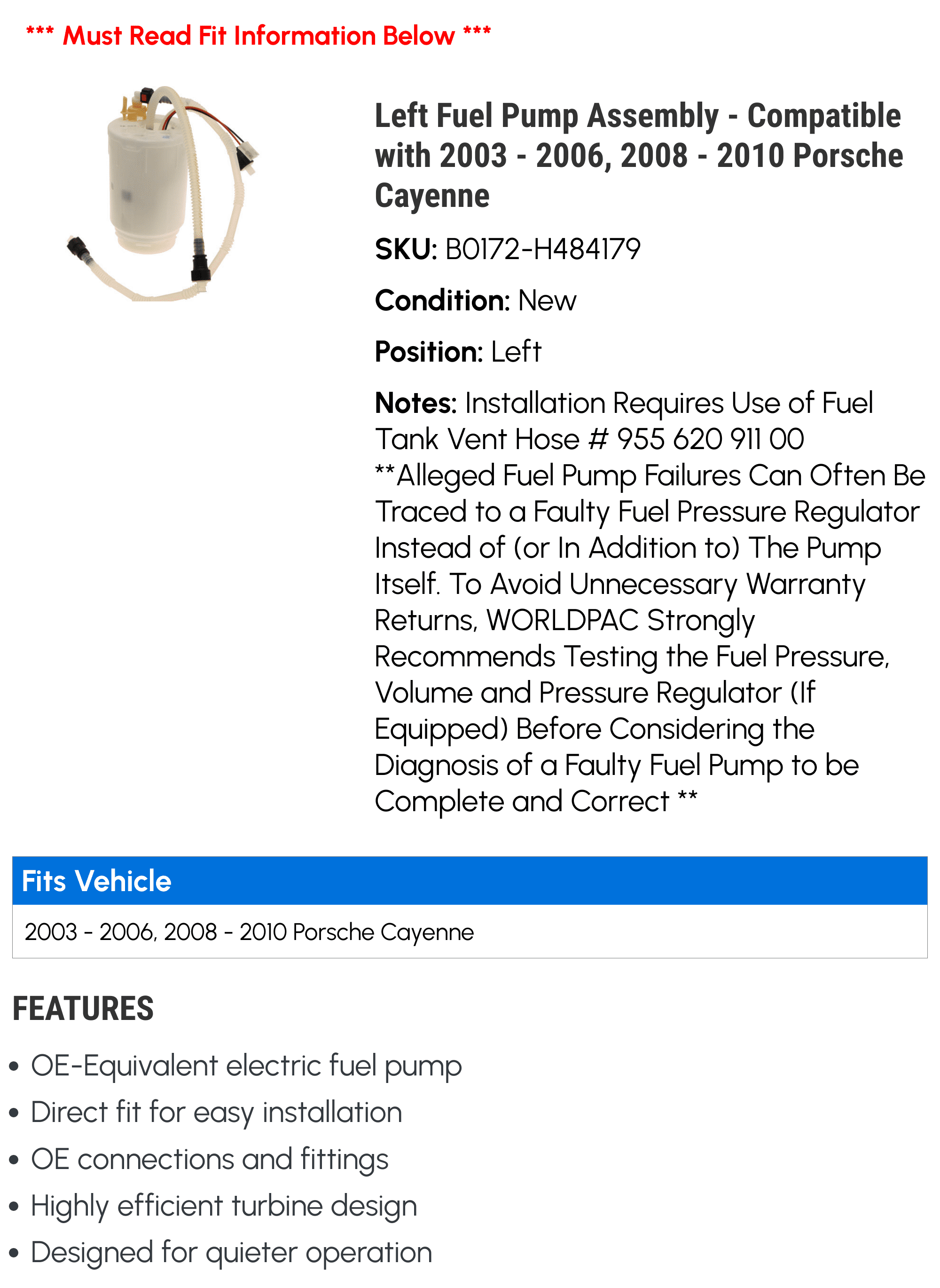 Left Fuel Pump Assembly - Compatible with 2003 - 2006, 2008 - 2010 Porsche Cayenne 2004 2005 2009