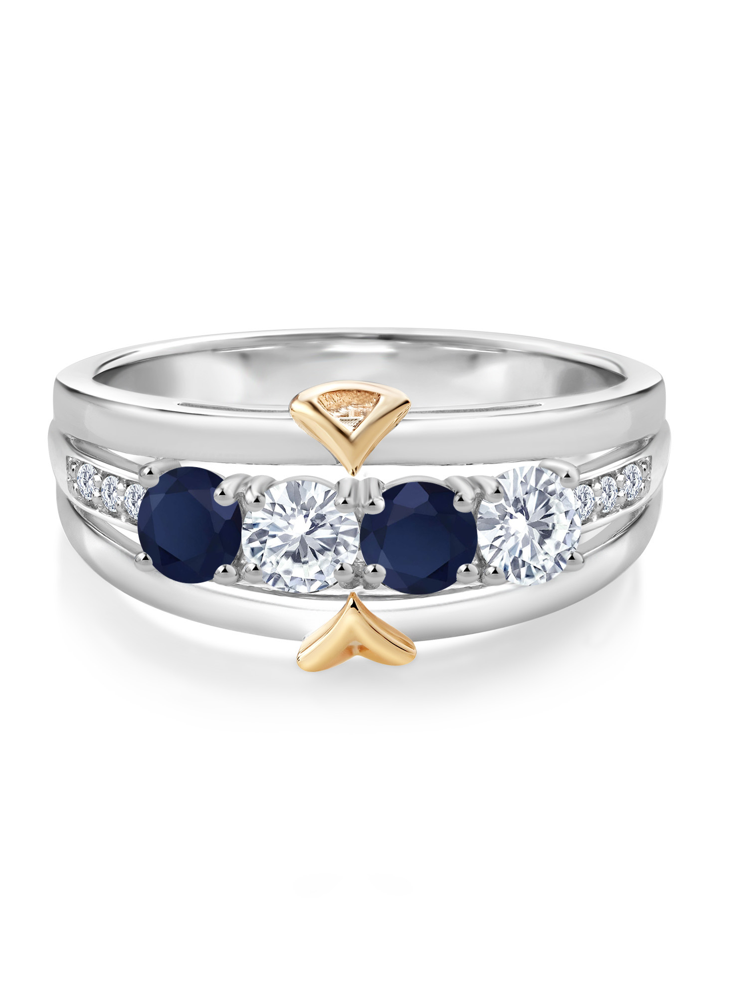 Gem Stone King 925 Silver and 10K Yellow Gold Blue Sapphire White Moissanite and Lab Grown Diamond Ring For Women (1.21 Cttw, Available In Size 5, 6, 7, 8, 9)
