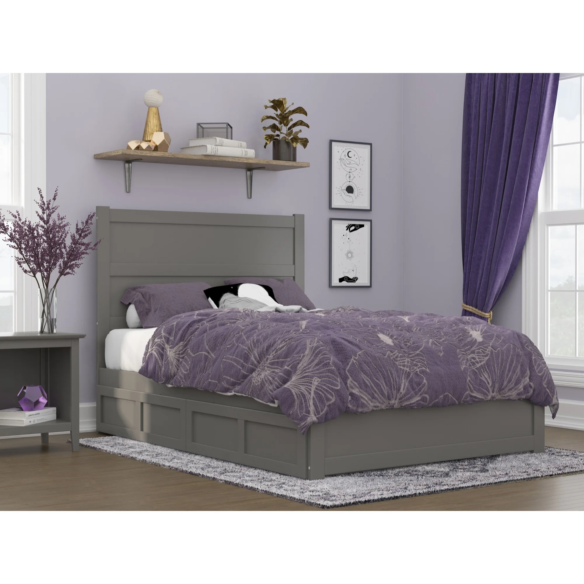 AFI NoHo Wood Full Bed with Footboard and 2 Drawers in Gray