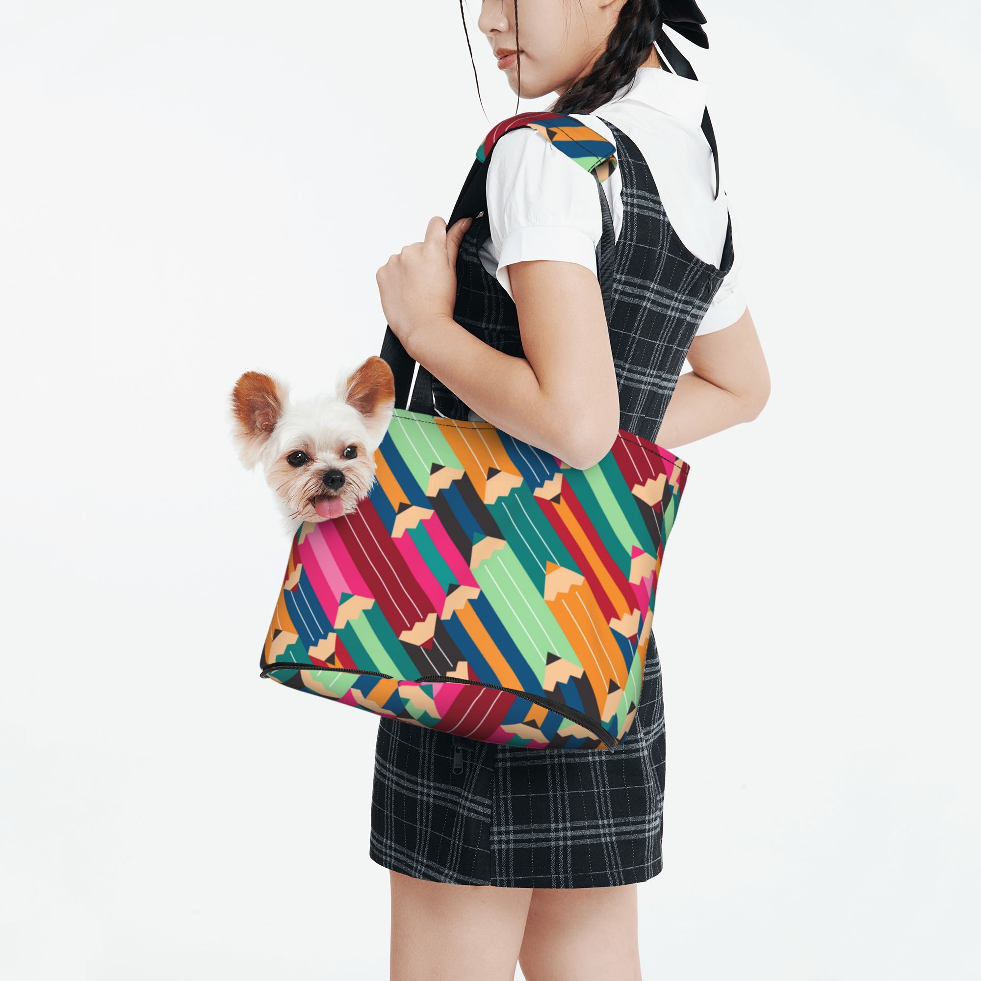 TEQUAN Foldable Dog Purse Carrier, Collapsible Abstract Colorful Pencils Prints Pet Travel Tote Bag for Small Cat Puppy, Waterproof Dog Soft-Sided Carriers