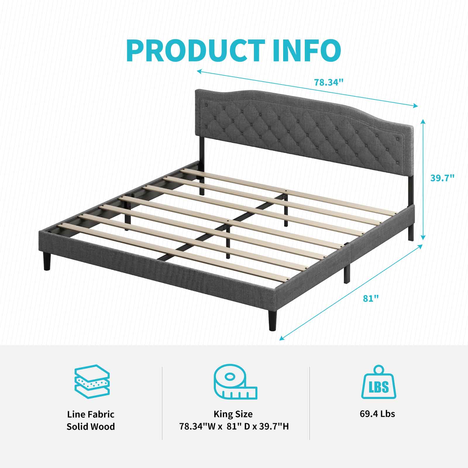 CECER King Size Bed Frame with Adjustable Headboard, Button Tufted Design Upholstered Bed Frame, No Box Spring Needed Platform Bed Frame for Bedroom Apartment Dark Grey
