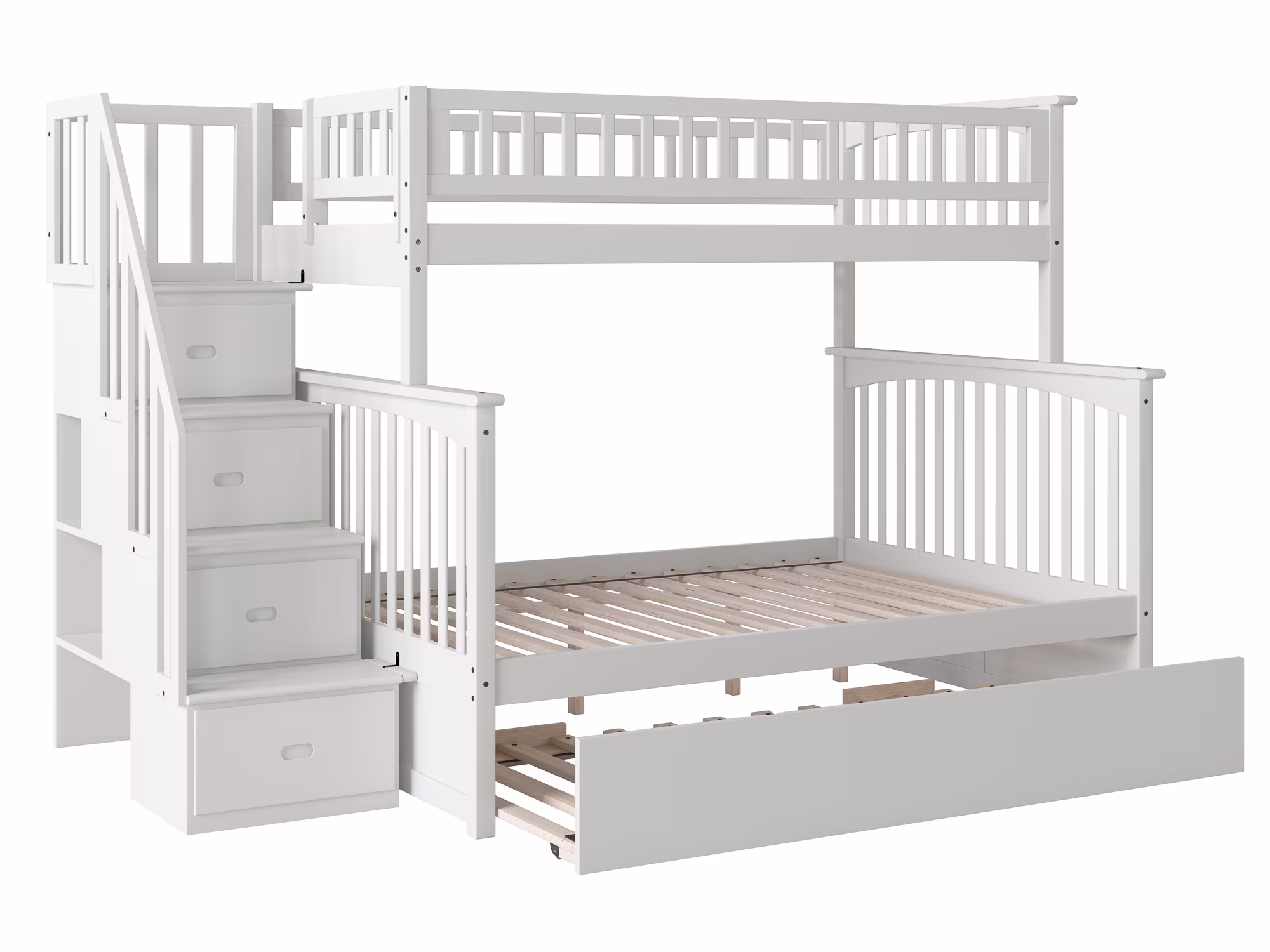 Columbia Staircase Bunk Bed Twin over Full with Twin Size Urban Trundle Bed in White