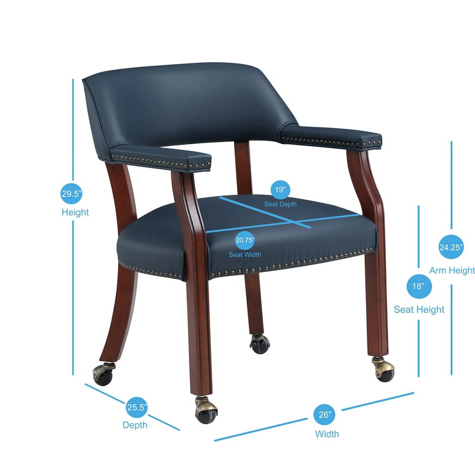 Home Square Faux Leather Caster Game Chair in Navy Blue Finish - Set of 4