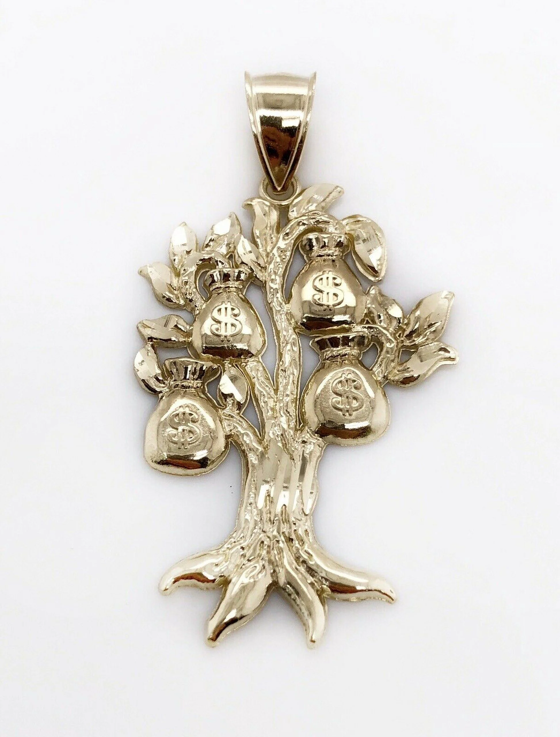 Real 10K Yellow Gold Diamond Cut Lucky Money Bag Tree Dollar Pendant 4.2 Grams