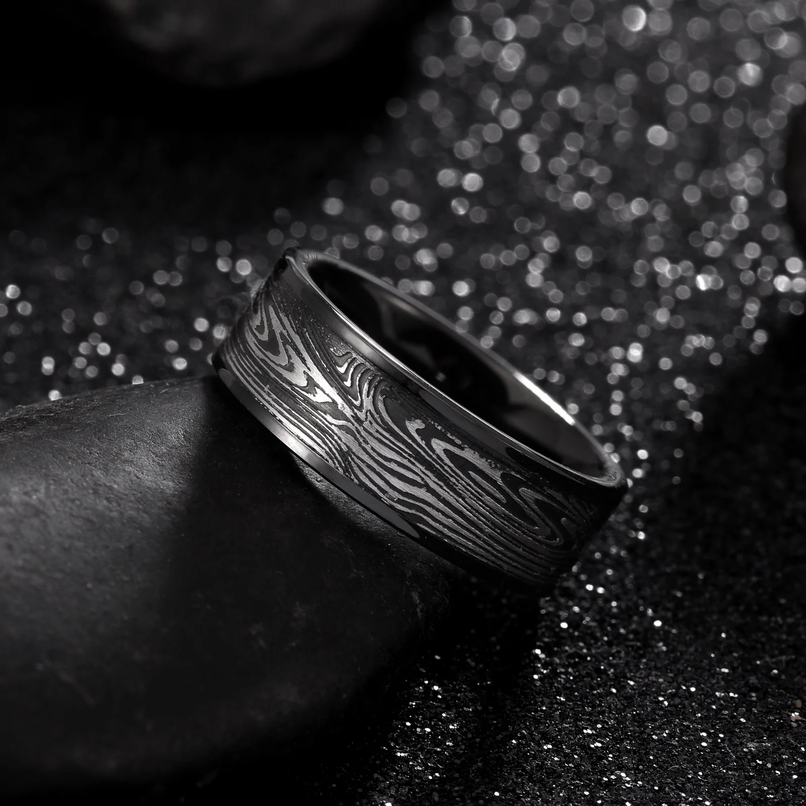 Tioneer Tungsten Carbide Band w/ Flowing River Damascus Design 8mm Ring in Black or Blue