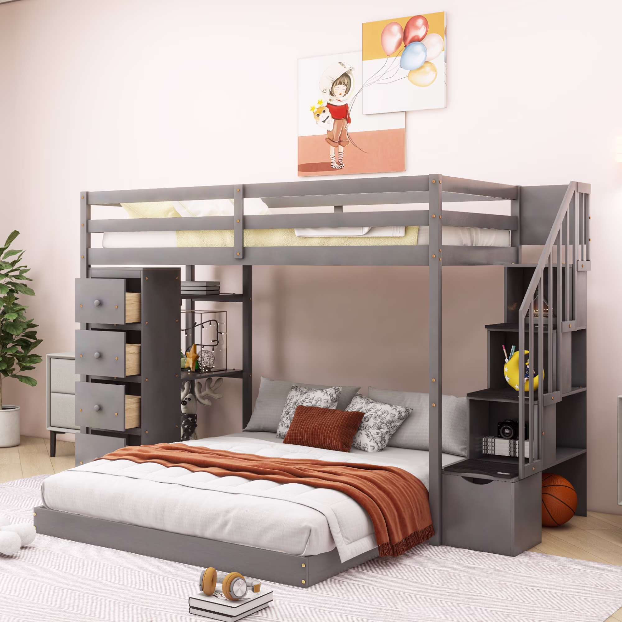 CoSoTower Twin Over Full Bunk Bed with 3-Layer Shelves, Drawers and Storage Stairs, Gray