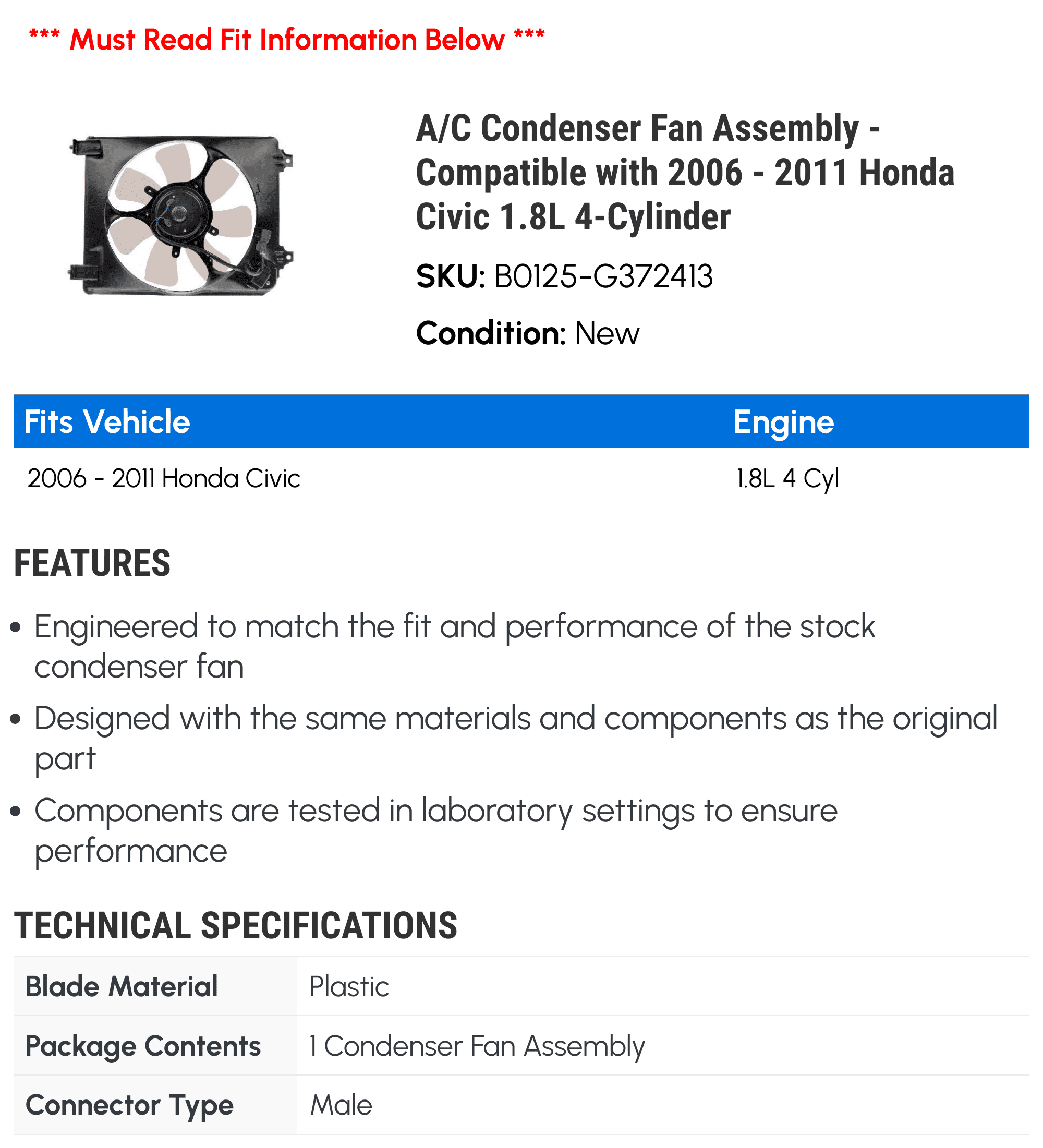 A/C Condenser Fan Assembly - Compatible with 2006 - 2011 Honda Civic 1.8L 4-Cylinder 2007 2008 2009 2010