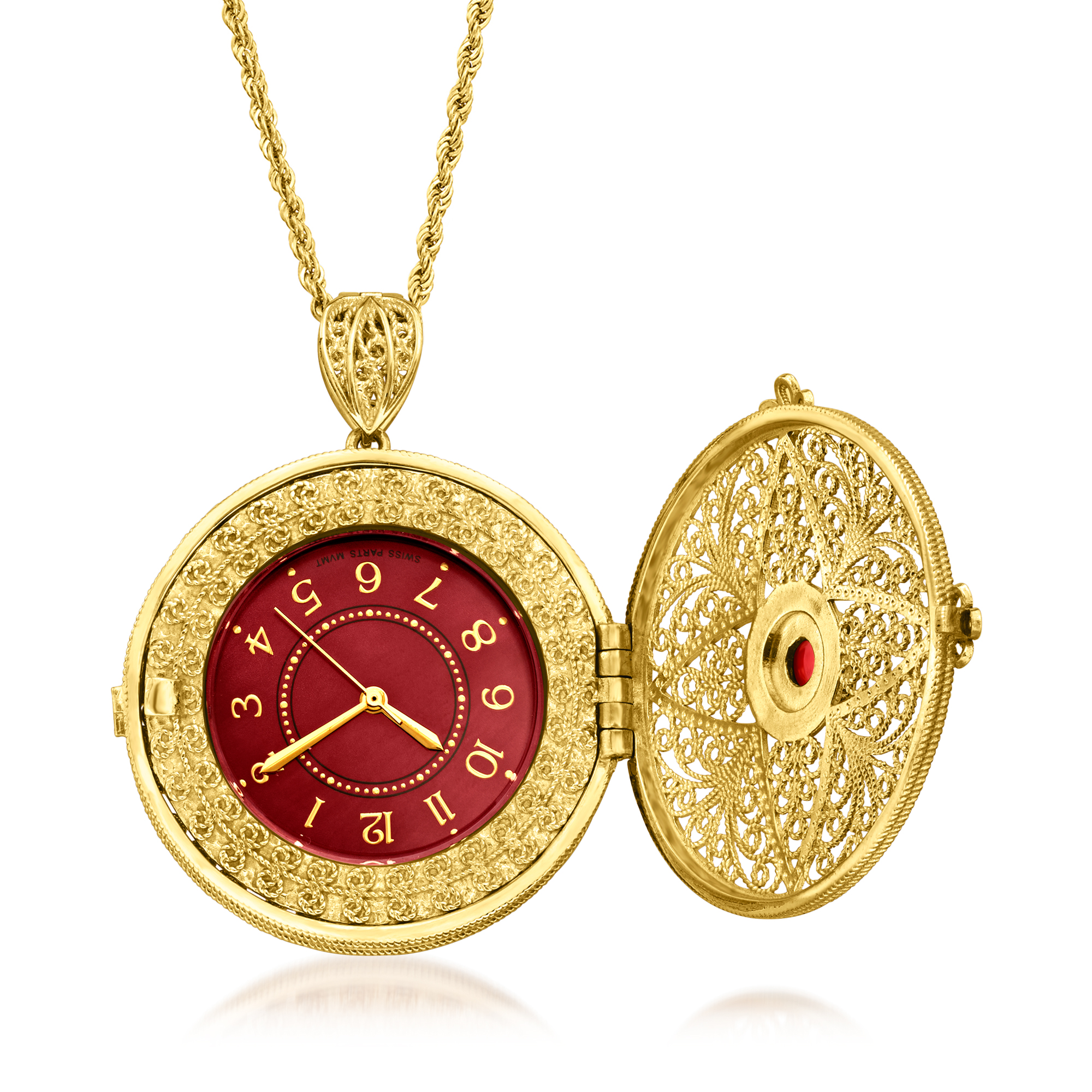 Ross-Simons 8mm Coral and Red Mother-Of-Pearl Watch Medallion Pendant Necklace in 18kt Gold Over Sterling, Women's, Adult