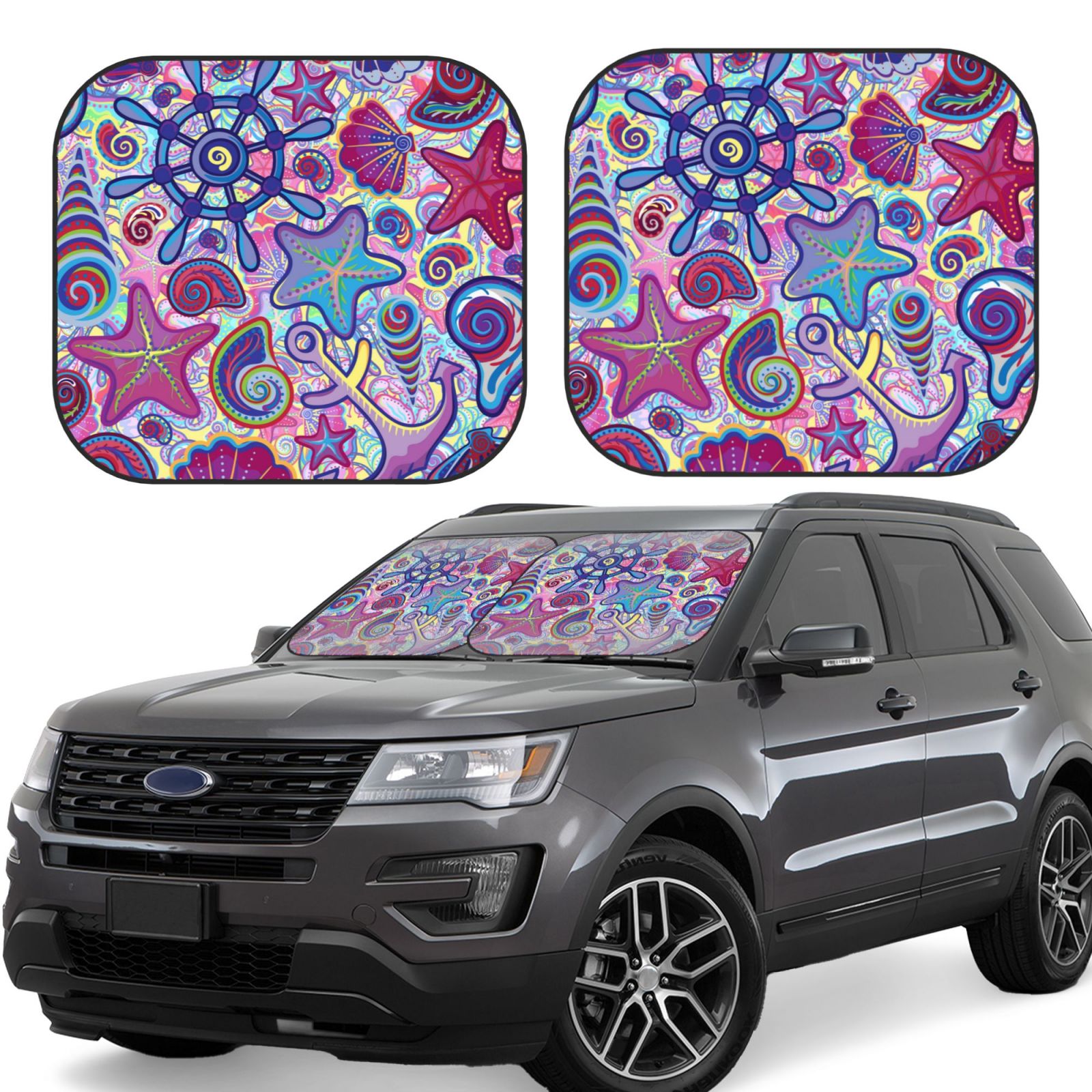 Lukts Cute Nautical Print 2 Piece Car Sun Shade Windshield,Foldable Car Shade Front Windshield With Keeps Your Vehicle Cool, For Most Sedans Suv And Trucks - Small