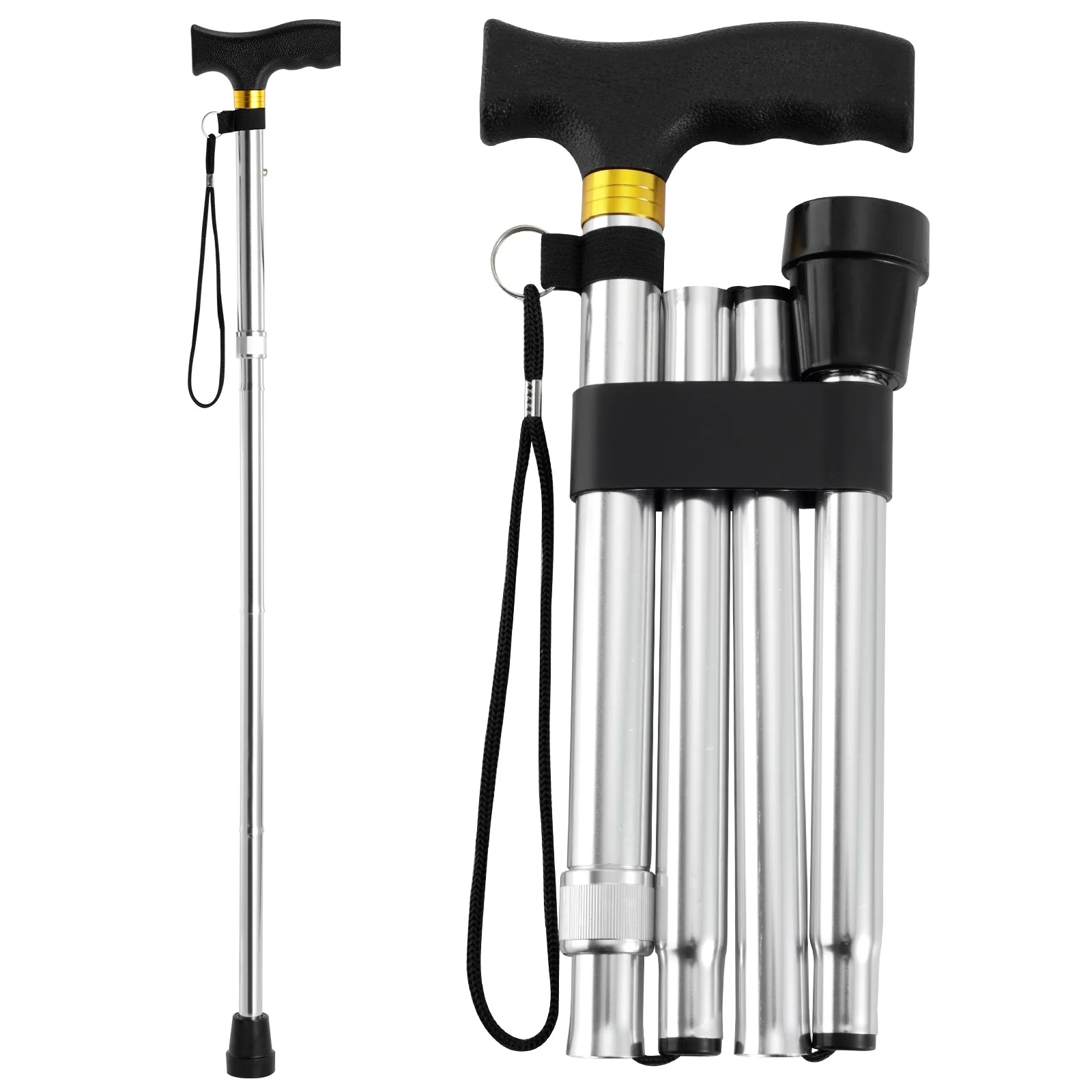 ROGTZ Folding Walking Cane, 5-Level Height Adjustable Walking Stick for Men & Women with Comfortable Plastic T-Handle Portable Walking Stick,Silver