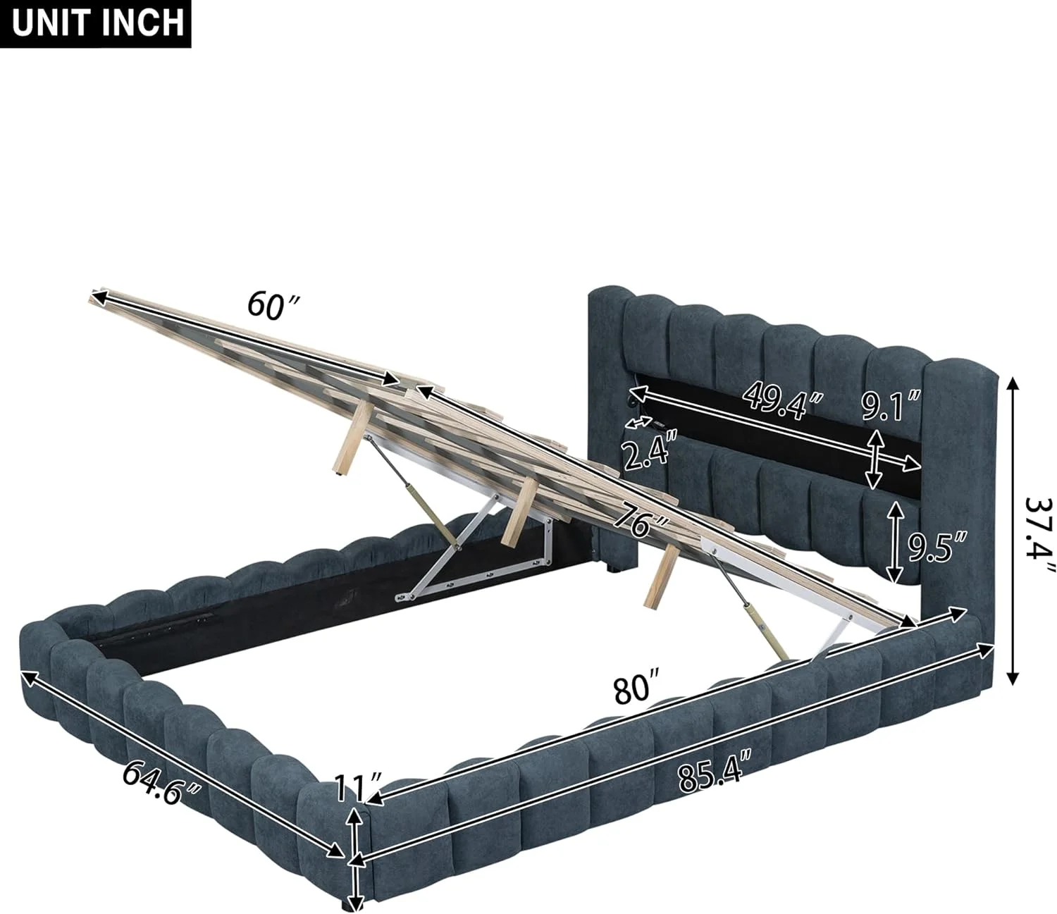 Quee Size Bed With Storage Udereath, Lift Up Storage Bed Frame With LED Headboard Ad USB, Upholstered Platform Bed, Mattress Foudatio, Wood Slat Support, o Box Sprig eeded, Deep Blue