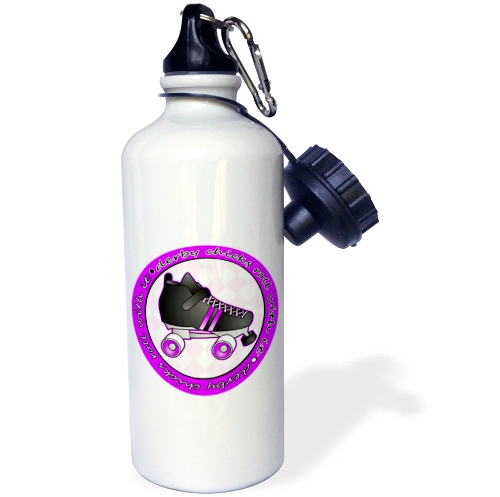 3dRose Derby Chicks Roll With It Purple and White with Black Roller Skate - Straw Water Bottle, 21-ounce