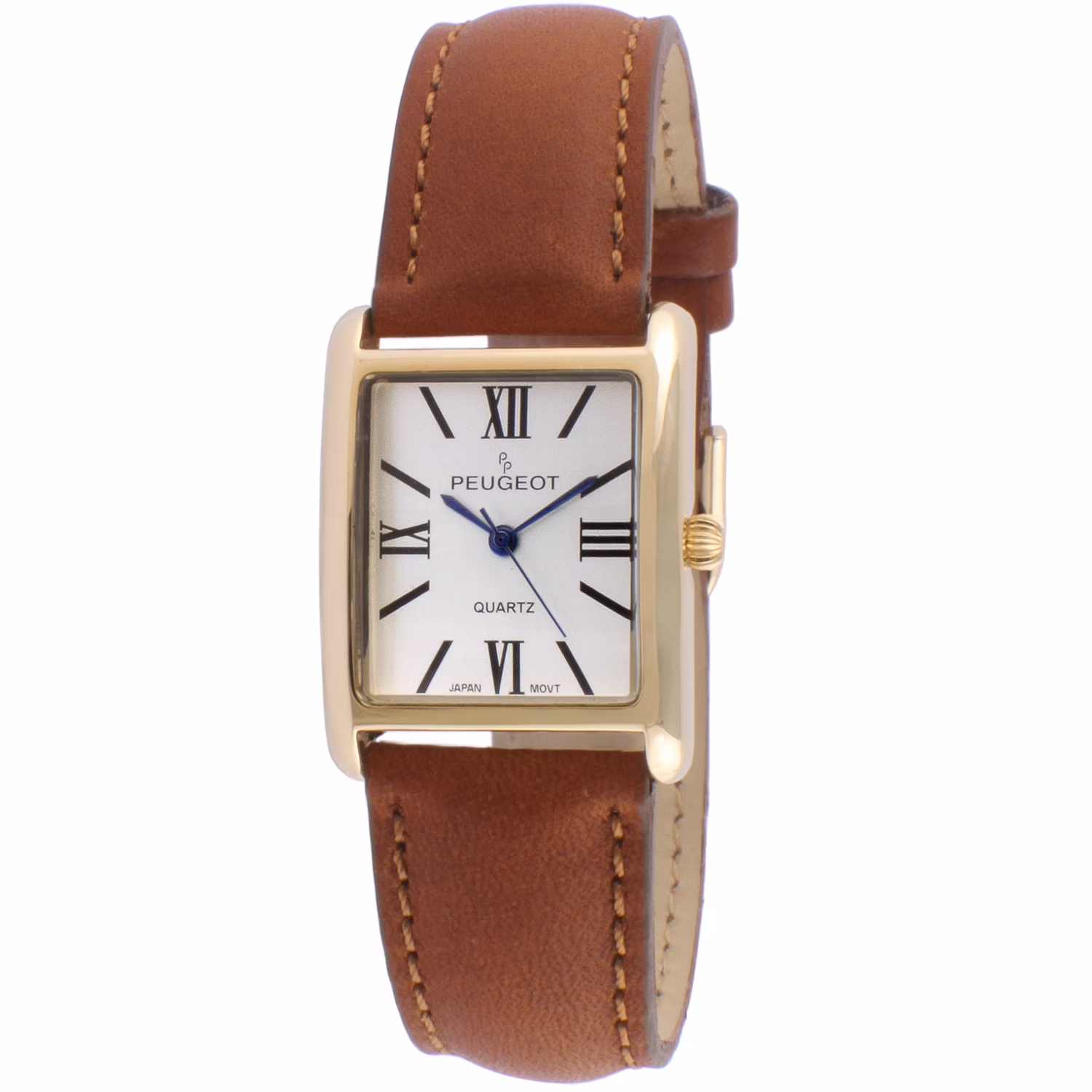 Peugeot Women's '14k Gold Plated Tank Roman Numeral Band' Quartz Stainless Steel and Leather Dress Watch, Color:Brown (Model: 3036BR)