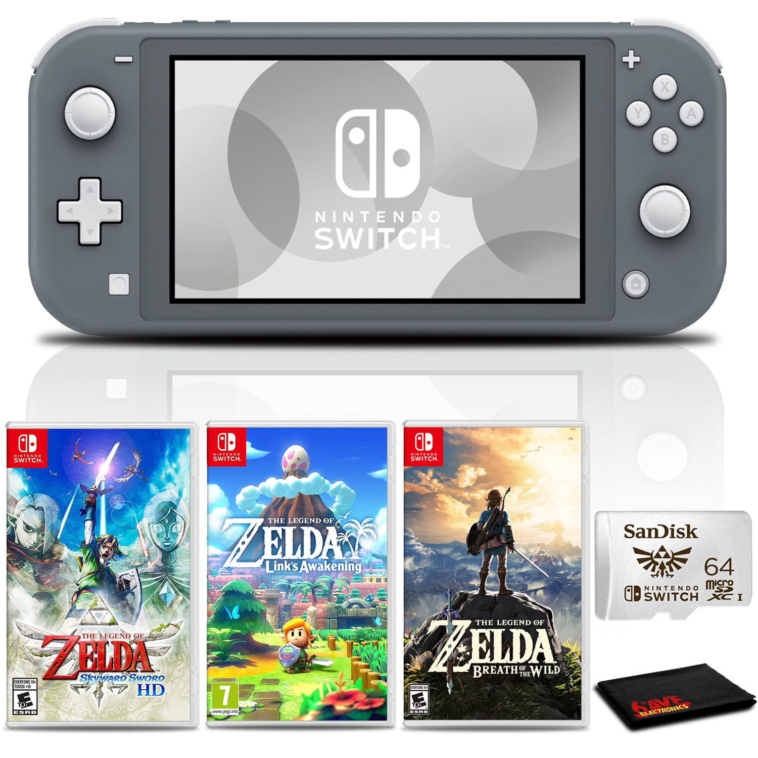 Nintendo Switch Lite Console (Gray) with 64GB microSD and 3-Pk Zelda Games