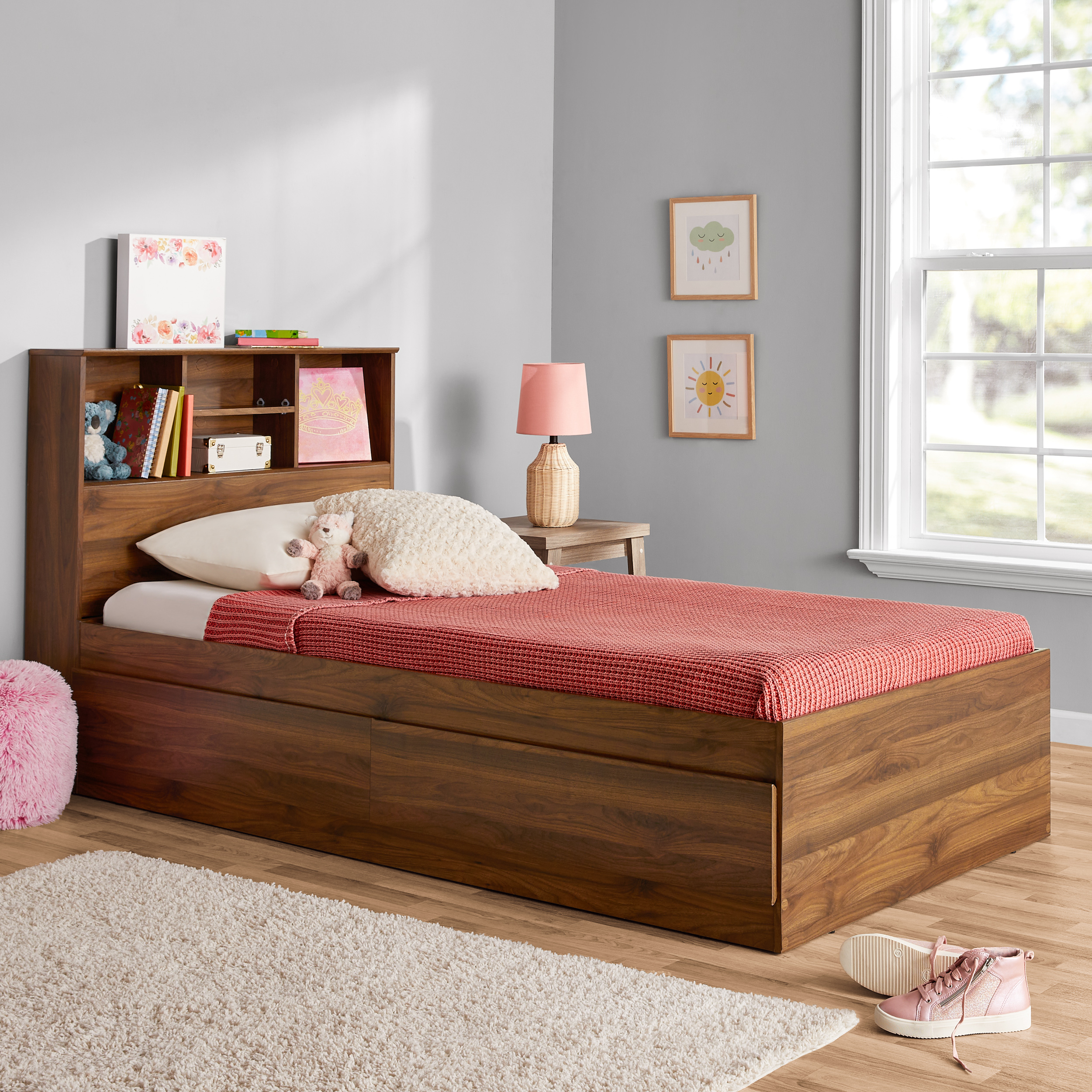 Your Zone Storage Bed with Bookcase Headboard, Twin, Canyon Walnut Finish