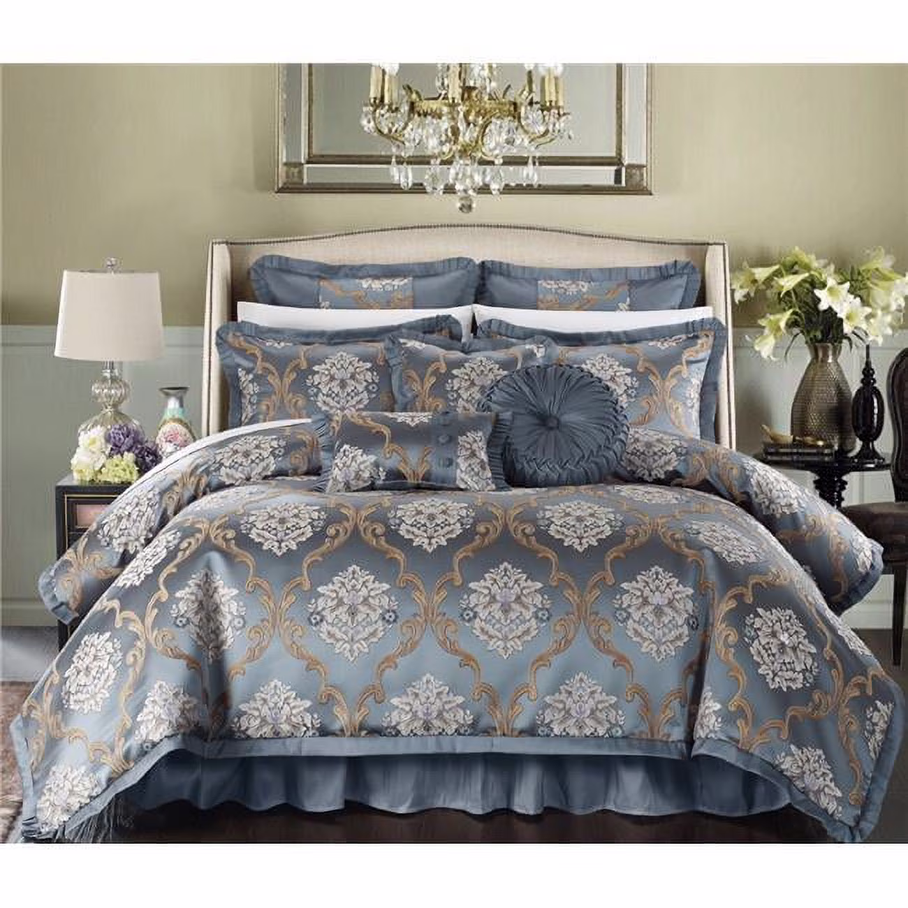 Perfect Angelo Jacquard Scroll Fabric Complete Master Bedroom King Bed Set, Blue - 13 Piece
