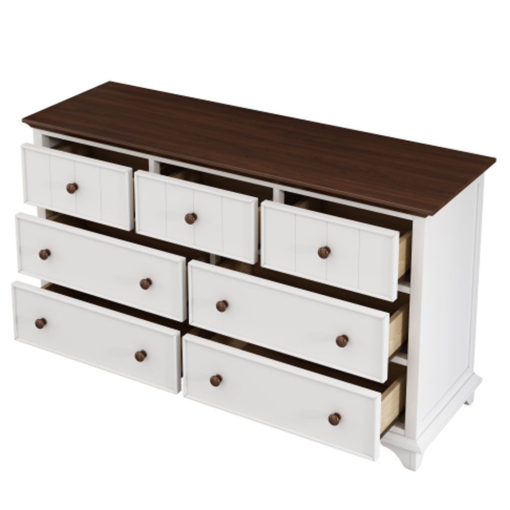 3 Pieces Wooden Captain Bedroom Set Twin Bed with Trundle, Nightstand and Dresser, White + Walnut