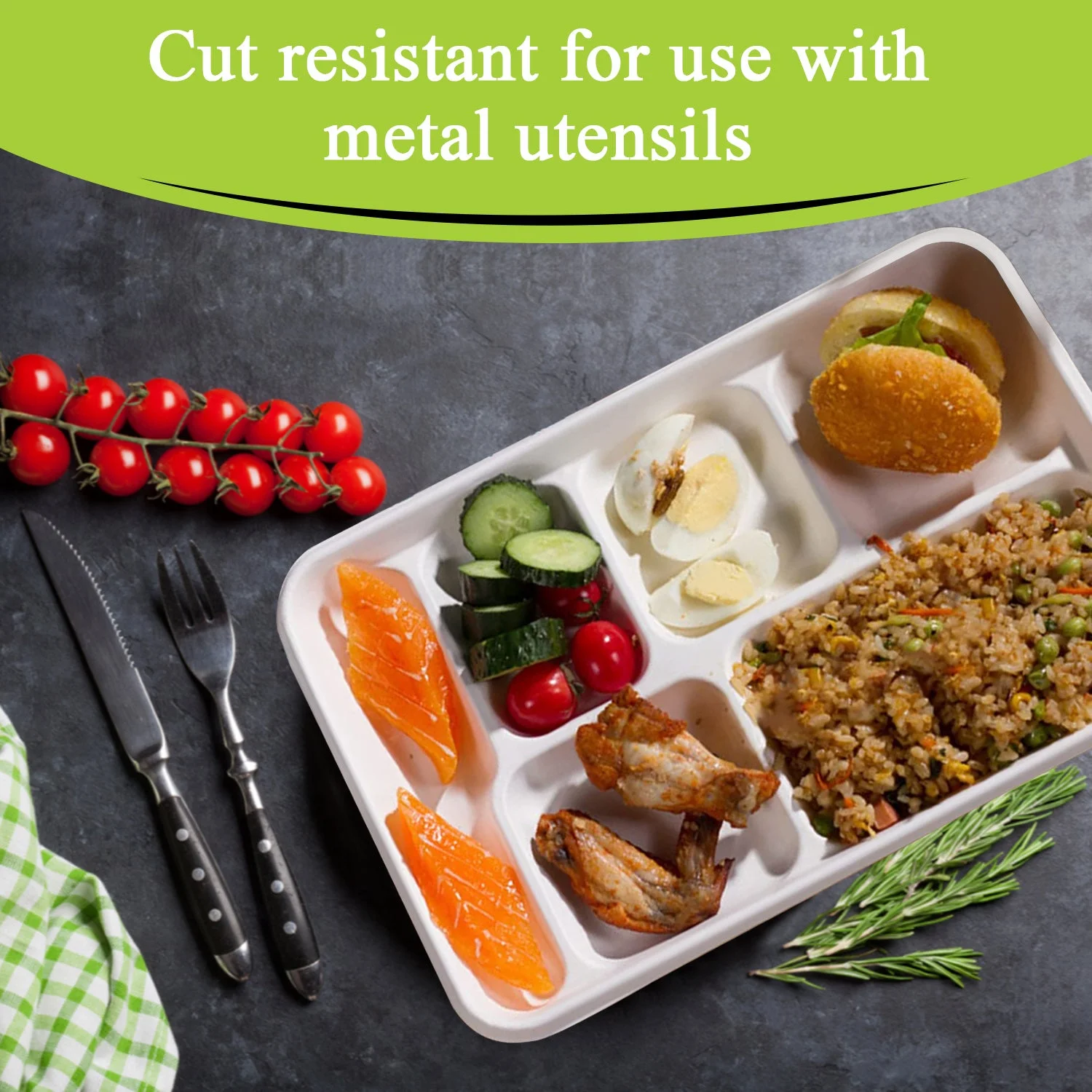 Three Leaf 6 Compartment Bagasse Tray 50 CT. Heavy-Duty Super Strong White Eco-Friendly Disposable