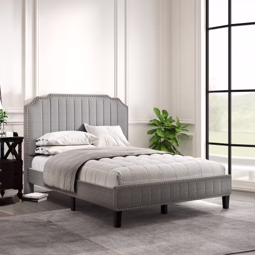 Full Upholstered Platform Bed with Headboard, Modern Linen Curved Upholstered Platform Bed with Nailhead Trim for Kids,Gray