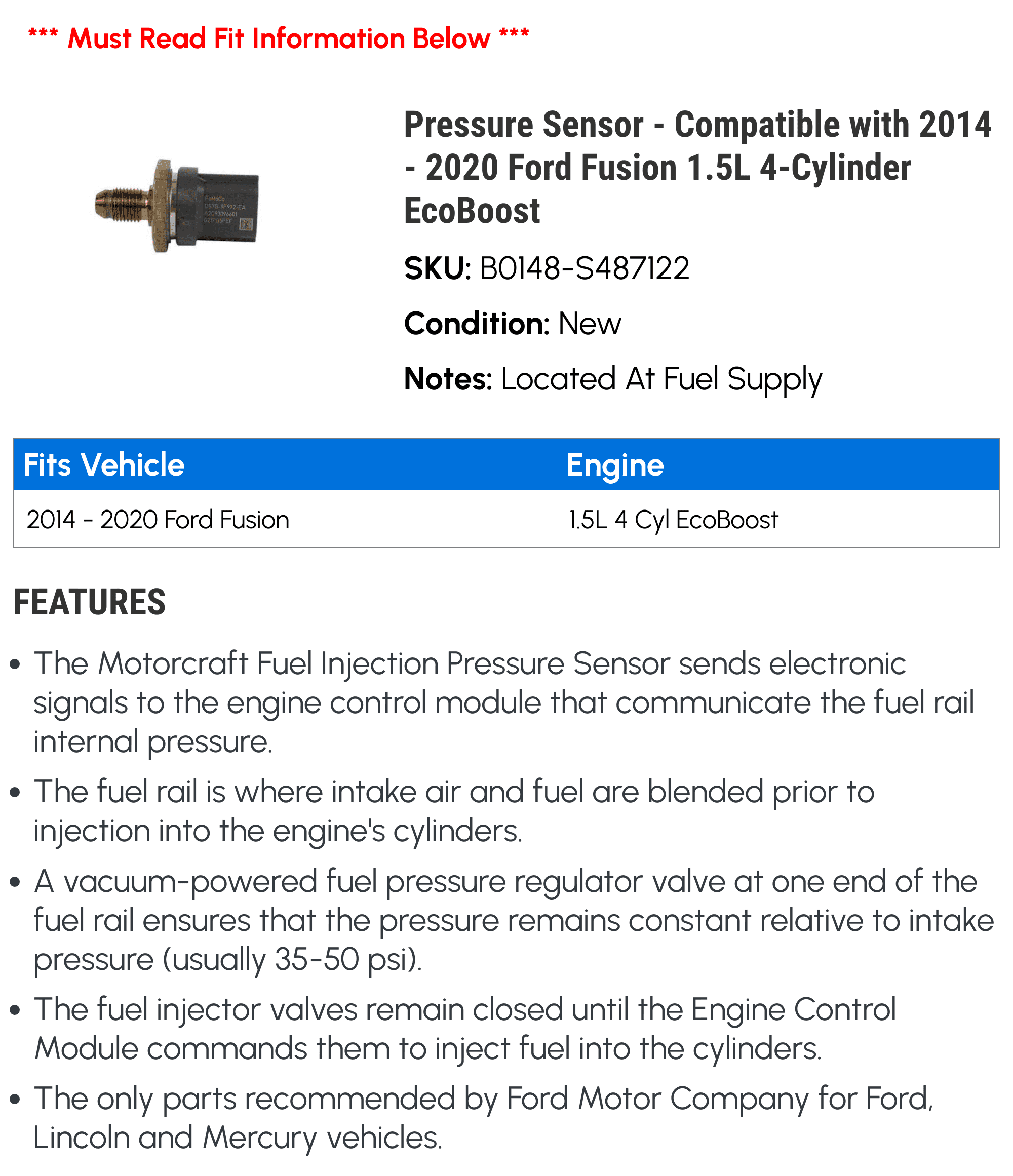Pressure Sensor - Compatible with 2014 - 2020 Ford Fusion 1.5L 4-Cylinder EcoBoost 2015 2016 2017 2018 2019