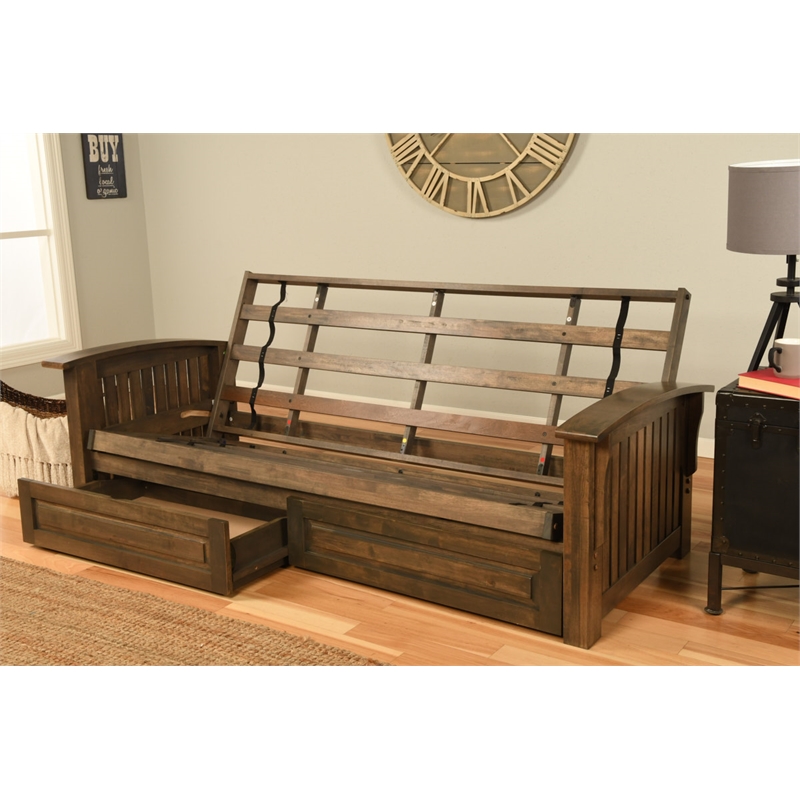 Kodiak Furniture Washington Futon in Walnut w/ Drawers and Thunder Blue Mattress
