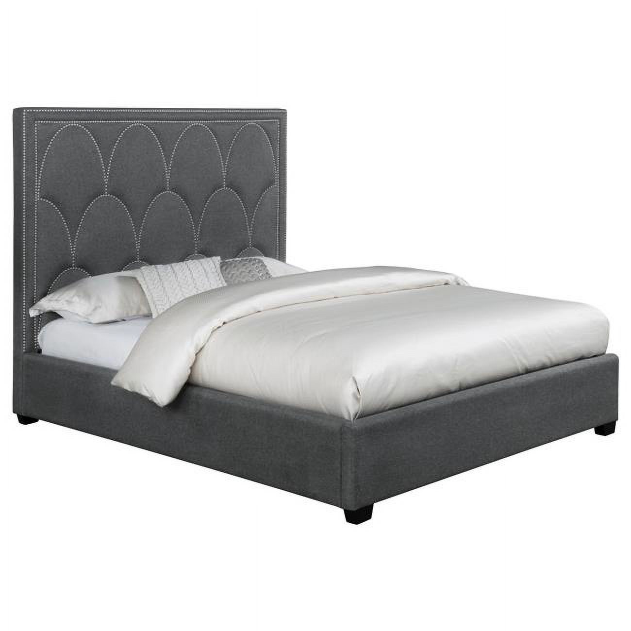 Benjara  Black & Gray Upholstery Nailheads On Scallop Headboard Bima Foam King Size Panel Bed