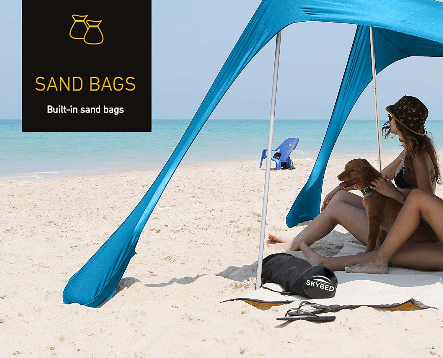 Sun Shelter Beach Shade Canopy by SkyBed, UPF 50+, Durable, Lightweight, 2-Pole, XL, Hawaiian Blue