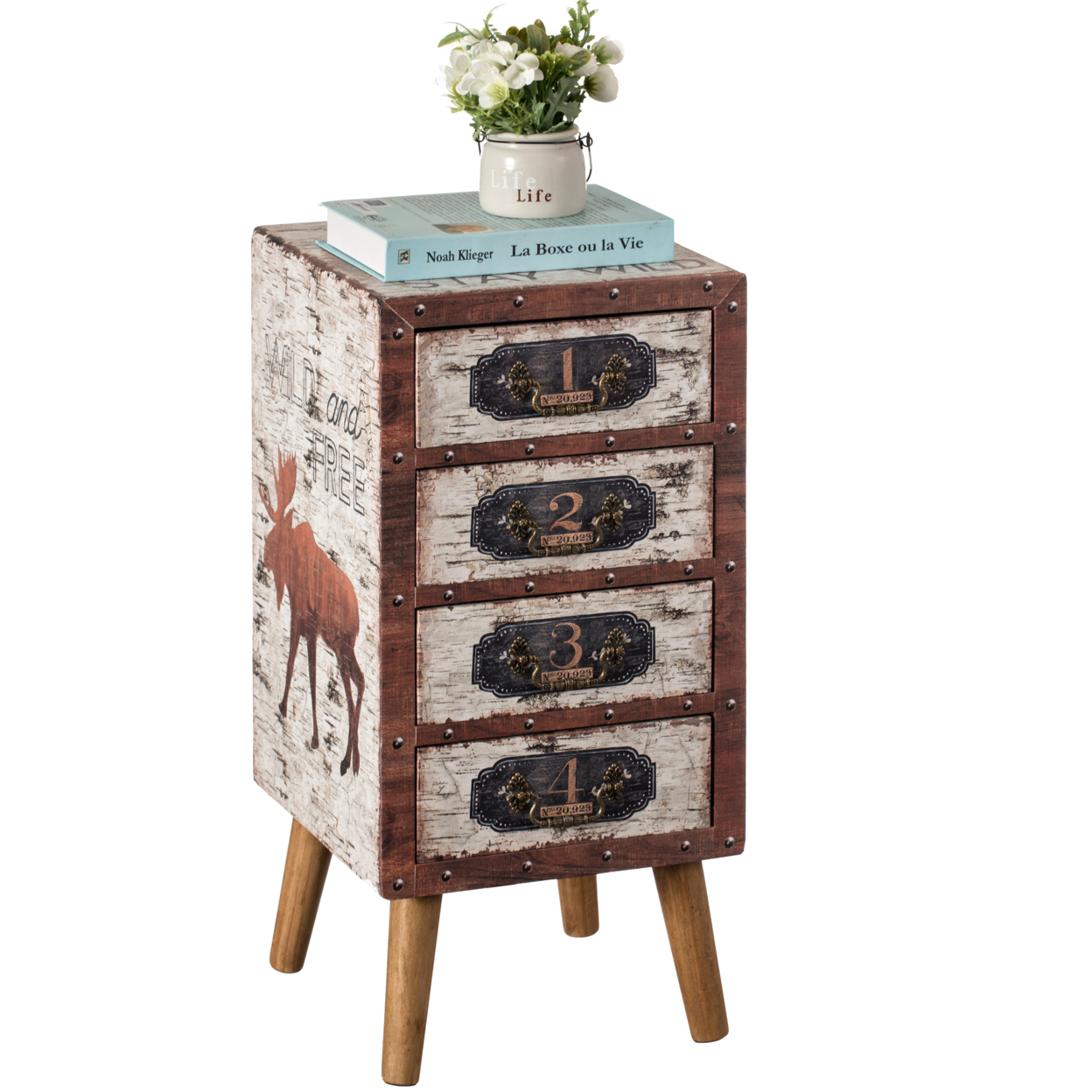 Antique Rustic Brown Wood Vintage Tallboy Chest with 4 Drawers and Legs