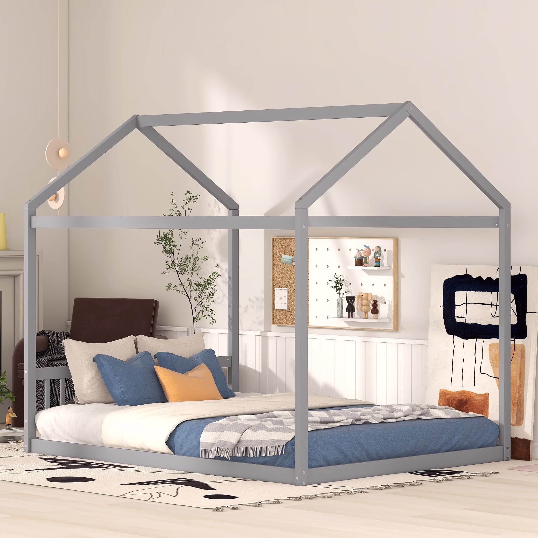 Bellemave Queen Size House Bed,Wood Montessori Floor Beds with Headboard for Toddler/Kids/Boys/Girls, No Box Spring Needed (Gray)