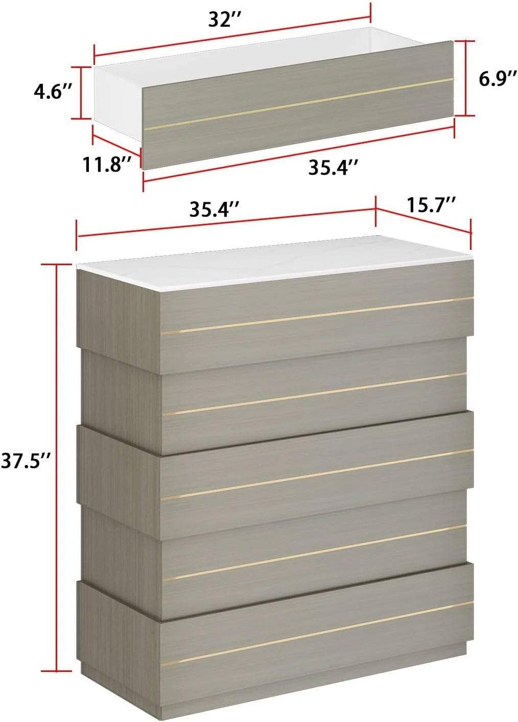 Chest of Drawers 5 Drawer Dresser with Gold Accents, Modern Dresser 5-Drawer Chest, Dresser for Bedroom Grey (35.4