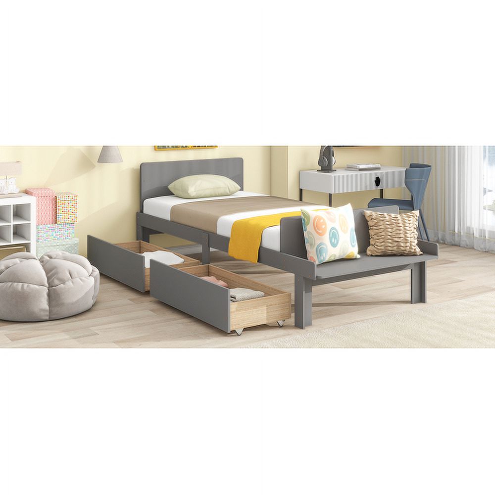 Twin Bed With Footboard Bench,2 Drawers,Grey