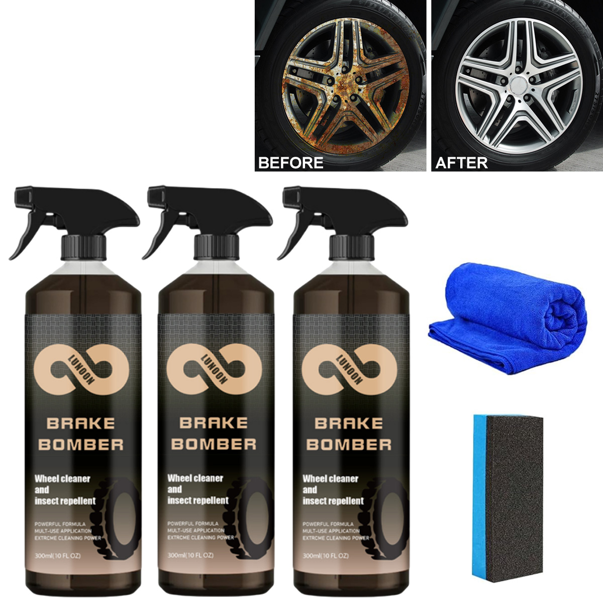 Brake Bomber Spray, Brake Bomber Wheel Cleaner, Perfect for Cleaning Wheels and Tires, Safe on Alloy, Chrome, and Painted Wheels (300ml-3PCS)