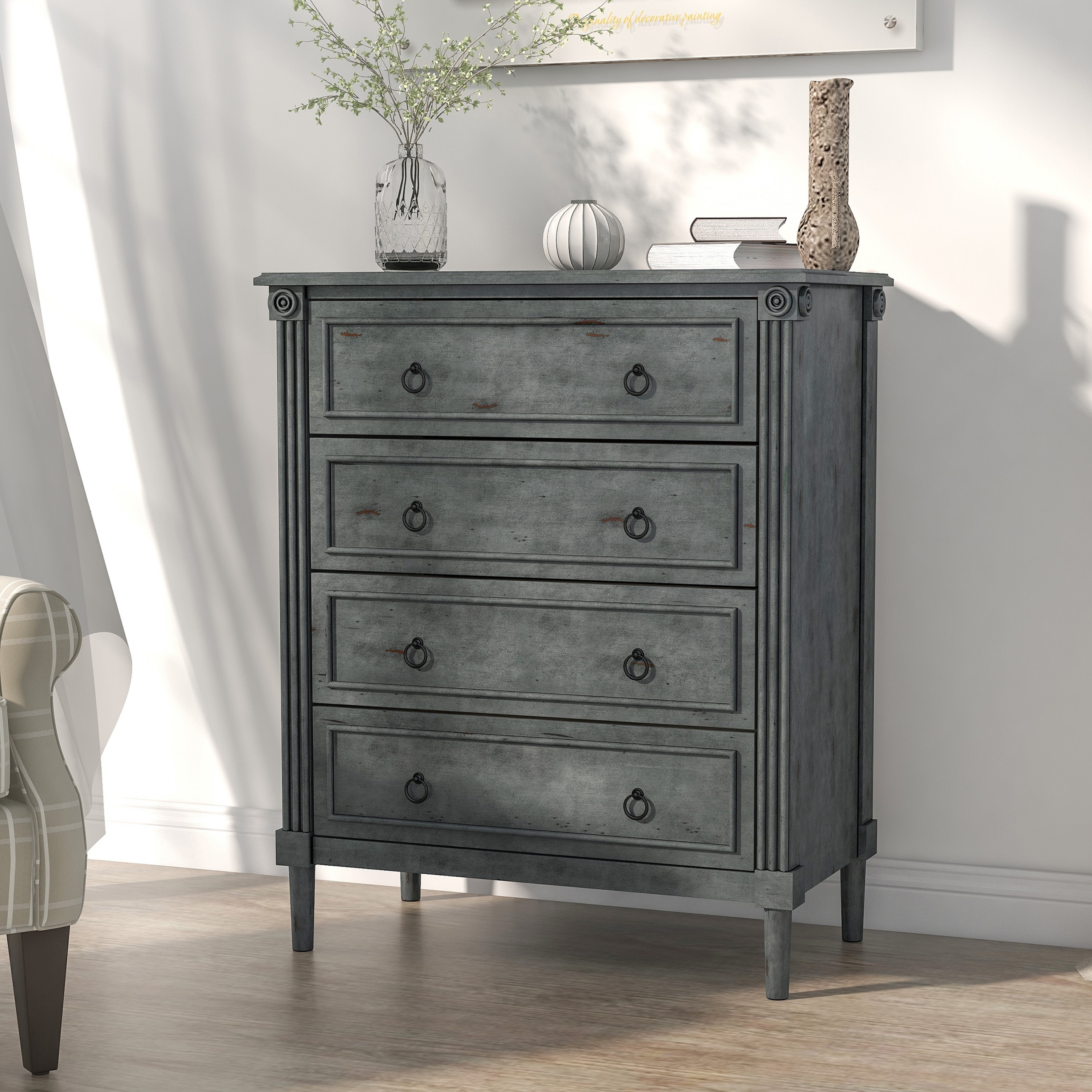 Furniture of America Joneigh Traditional Solid Wood 4-Drawer Chest by  Antique White/Oak Light Wood