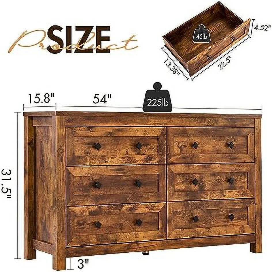 6 Drawers Dresser for Bedroom  Farmhouse Wood Chest of Drawers with Vintage Grain Texture  Drawer Double Dresser for Bedroom  Living Room  Hallway  Rustic Brown