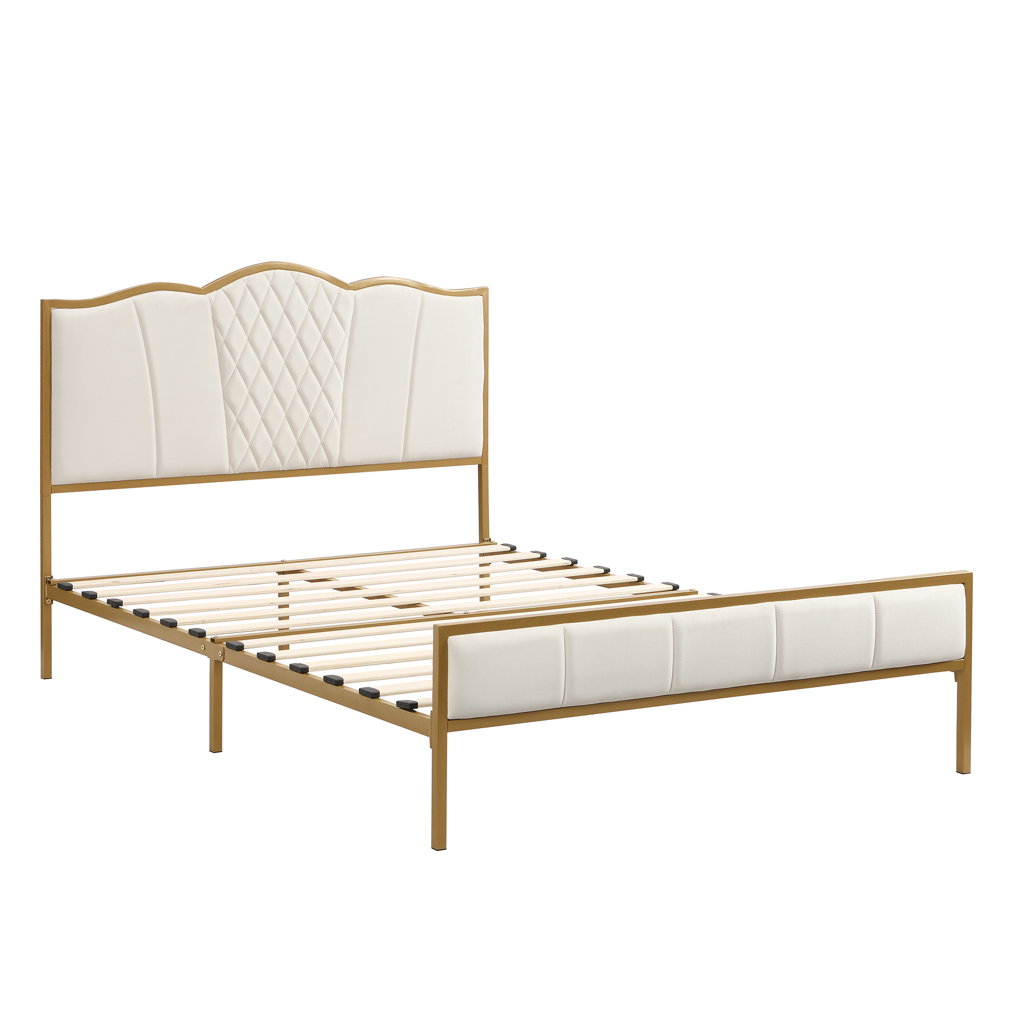 Docooler Modern Upholstered Bed Frame with Tufted Headboard, Golden Metal Platform Queen Size Bed Frame, Beige