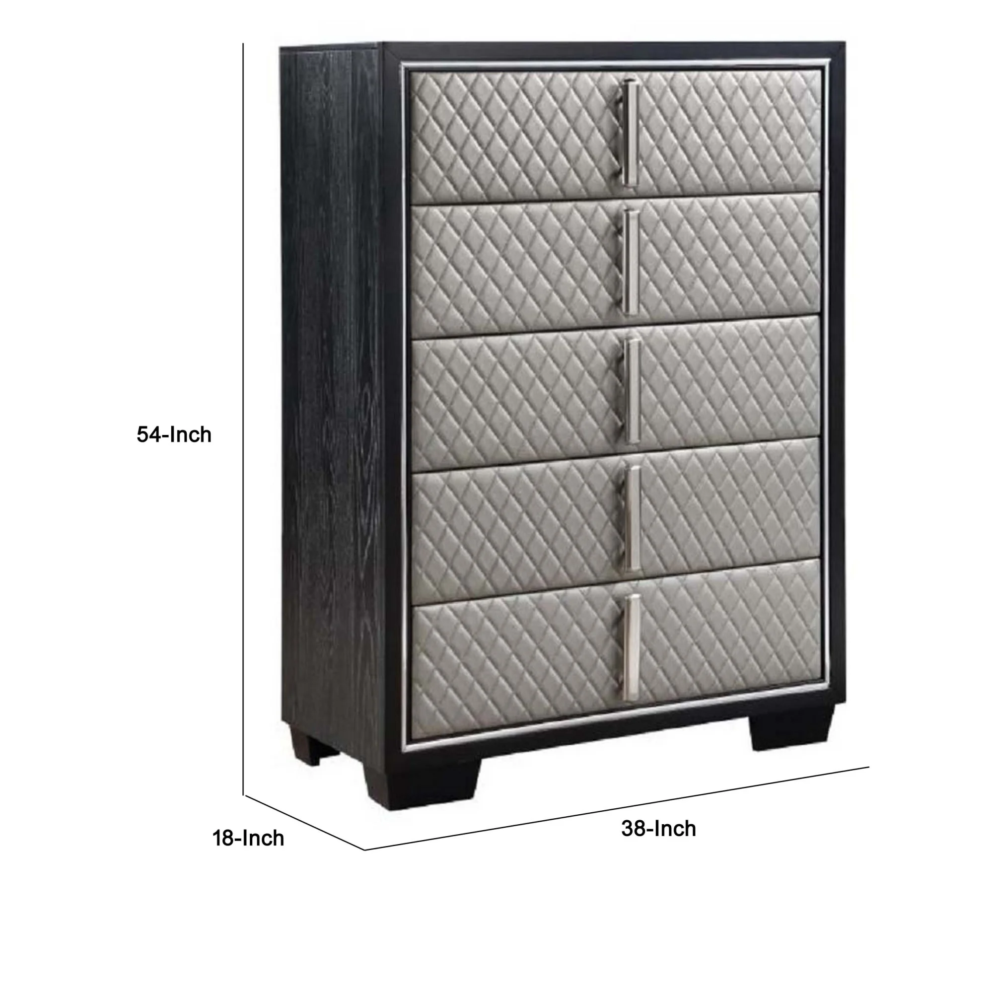 Benjara  54 x 18 x 38 in. Fiz 5 Drawers Tall Dresser Chest with Quilted Silver Faux Leather, Black