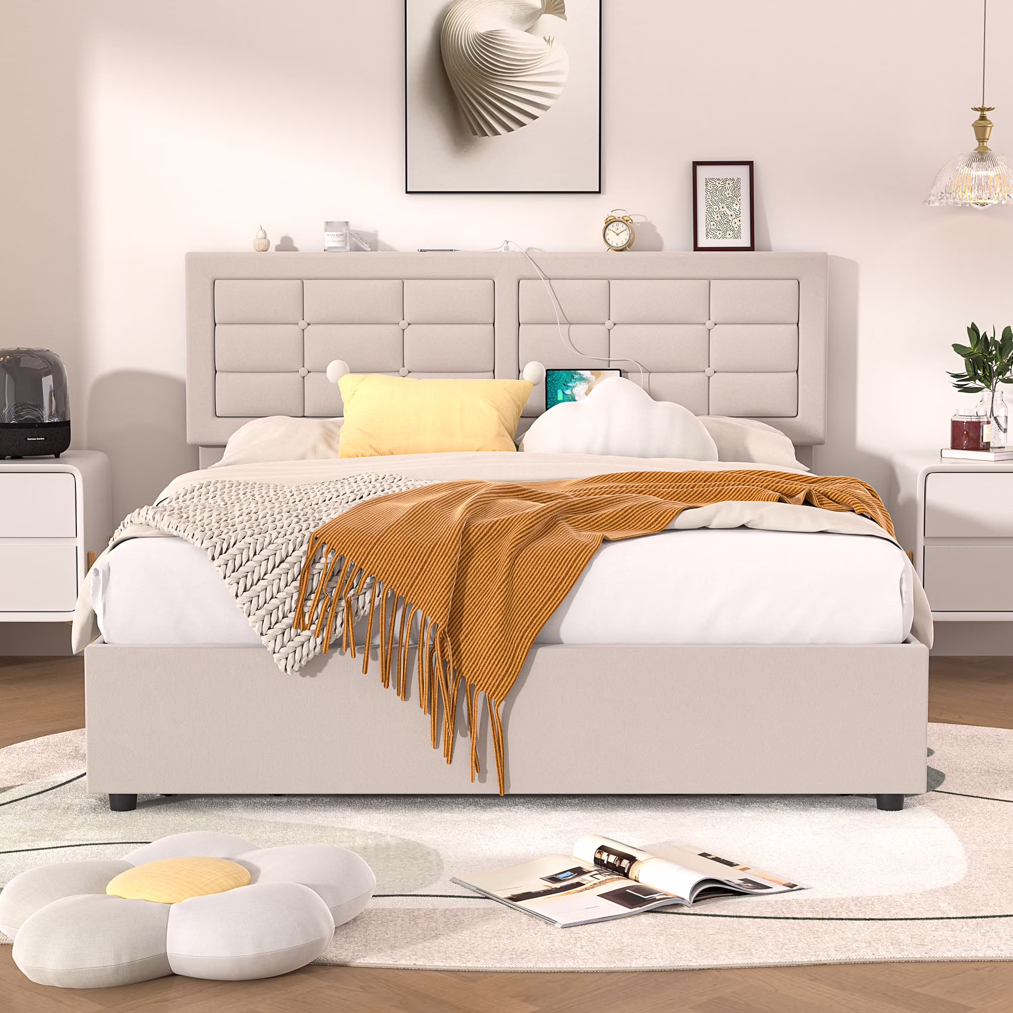 VECELO Queen Bed Frame with Charging Station, Modern Button Tufted Upholstered Platform Bed Frame with Adjustable Headboard for Bedroom, No Box Spring Needed, Sturdy, Noiseless, Easy Assembly, Beige