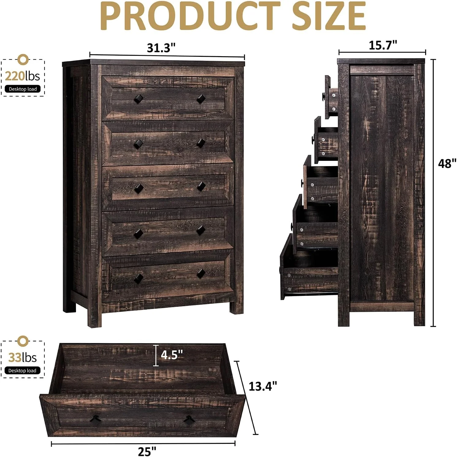 LUXOAK Farmhouse 5 Drawers Dresser, Wood Rustic Chest of Drawers with Metal Handles, Hallway, Entryway, Black Oak