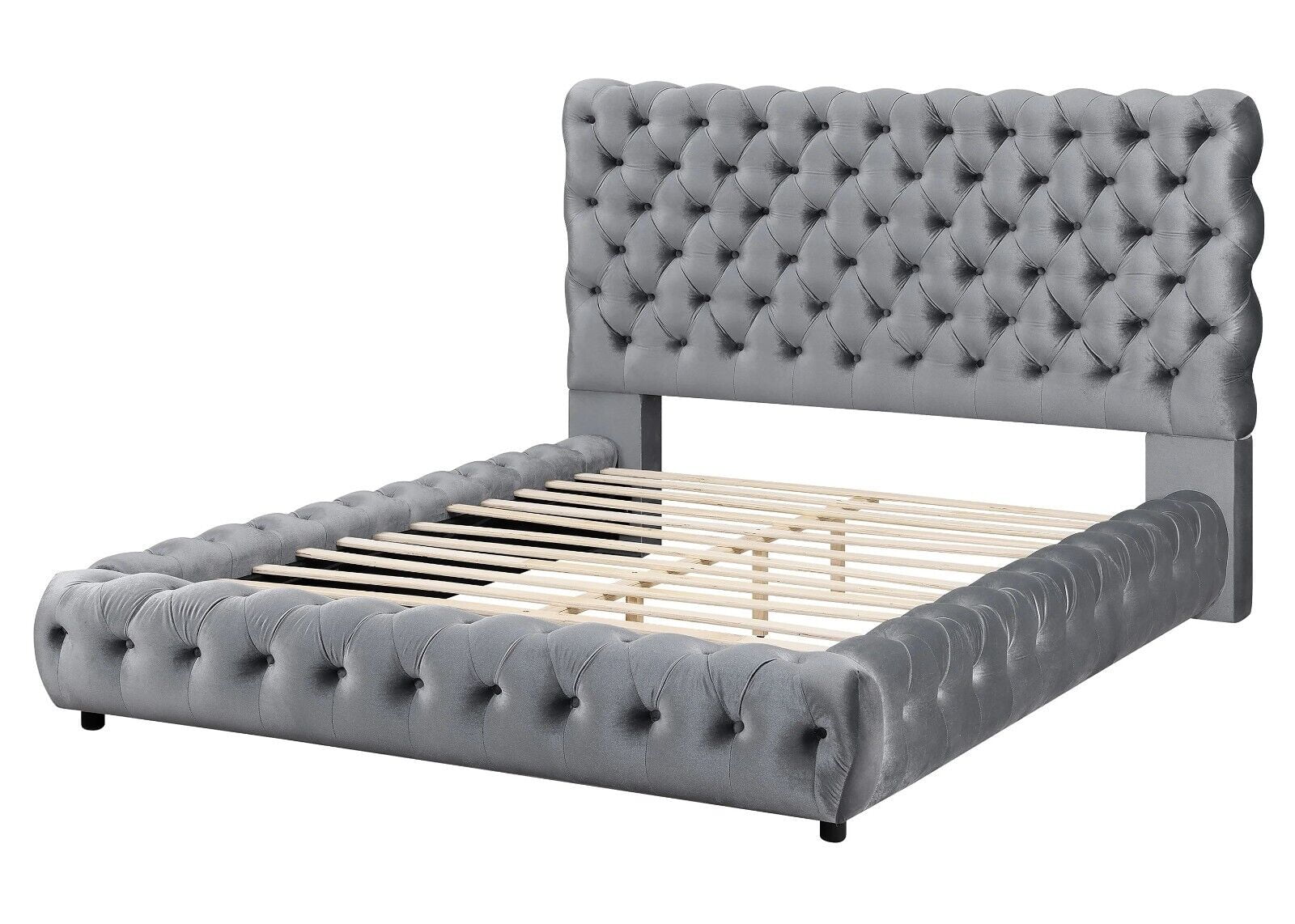 Contemporary 1pc Gray Fabric Upholstered King Size Bed w Tufted Headboard Footboard Bedroom Furniture