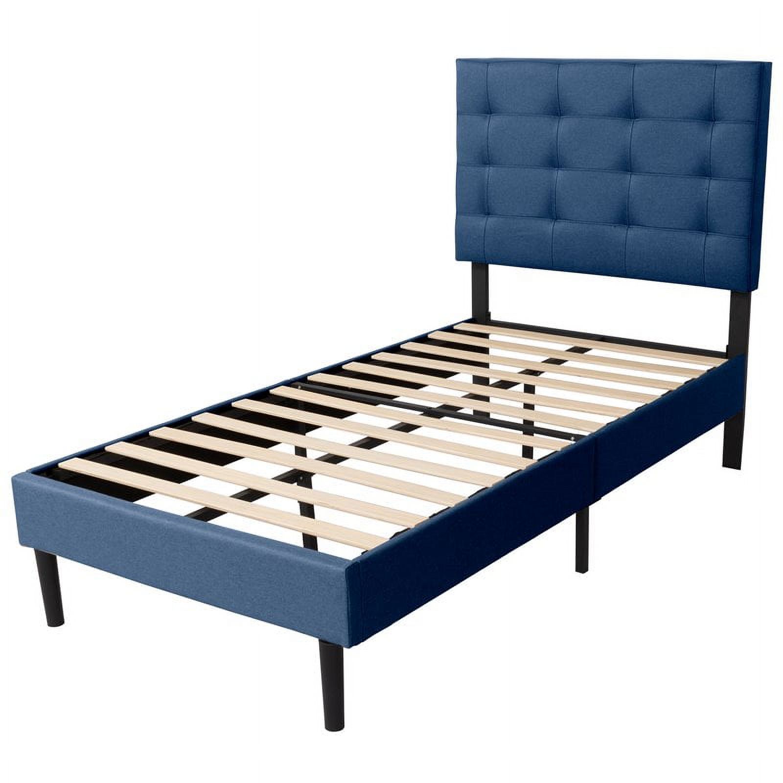 Pemberly Row Modern Fabric Tufted Twin LED Panel Bed in Dark Blue