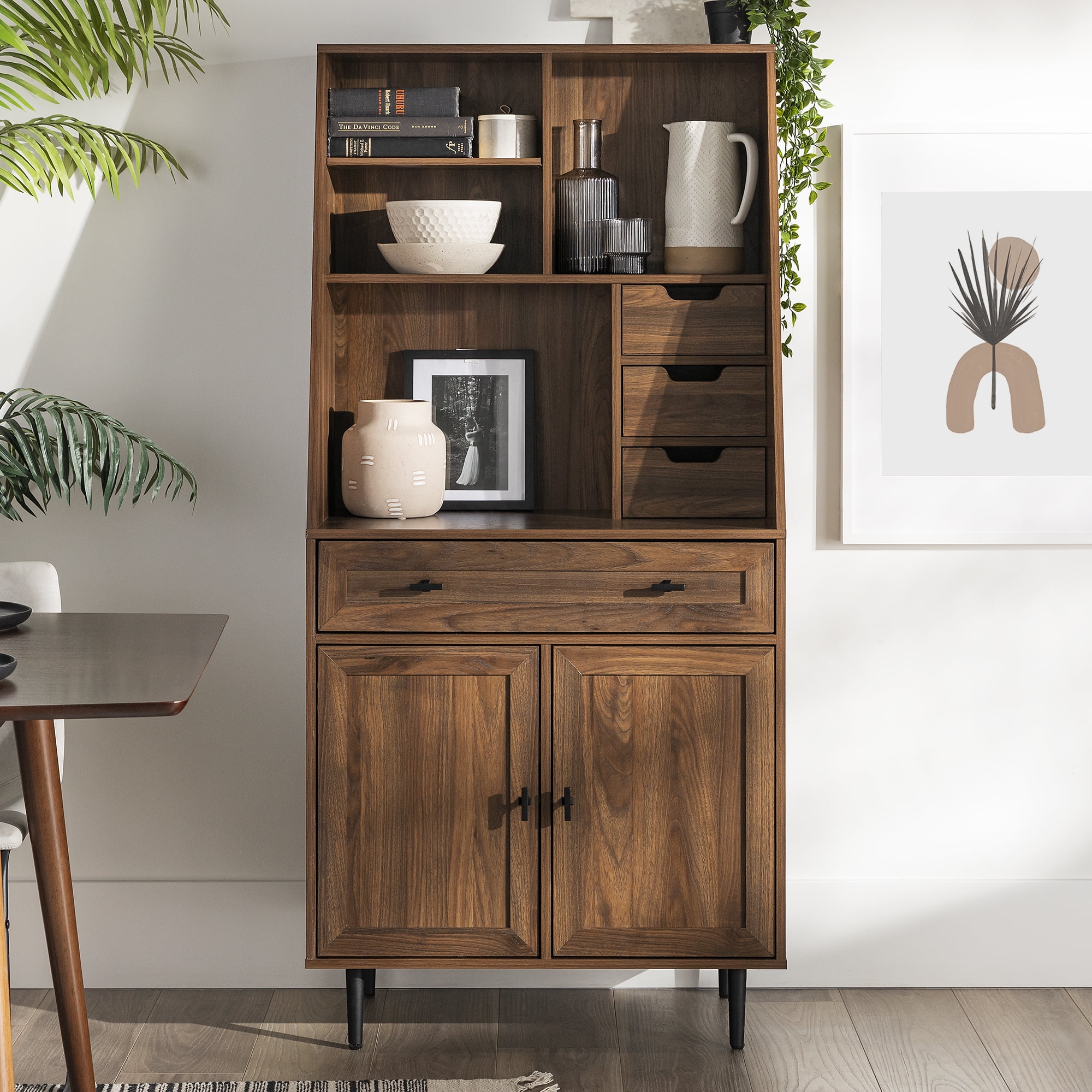 Walker Edison Bromberg Storage Desk with Hutch, Dark Walnut