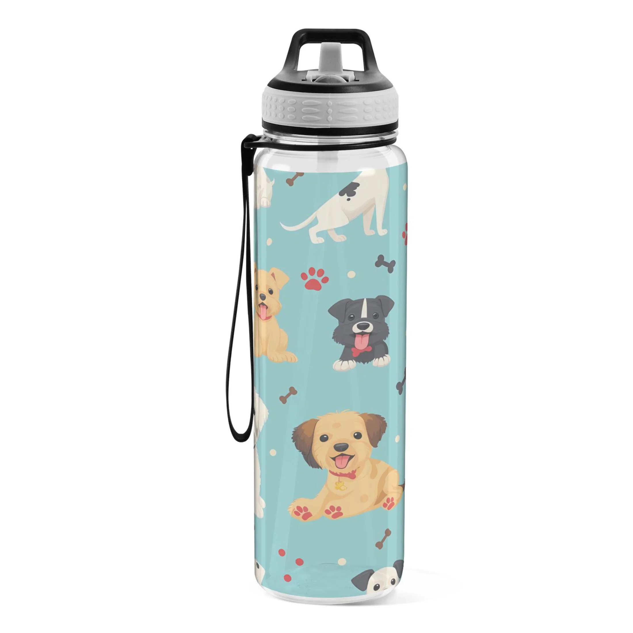 Cute Cartoon Dogs Paws Bones 32oz Sports Water Bottles Leakproof Tritan Bottle with Straw BPA Free Clear Bottle for Fitness Gym Outdoor Cycling