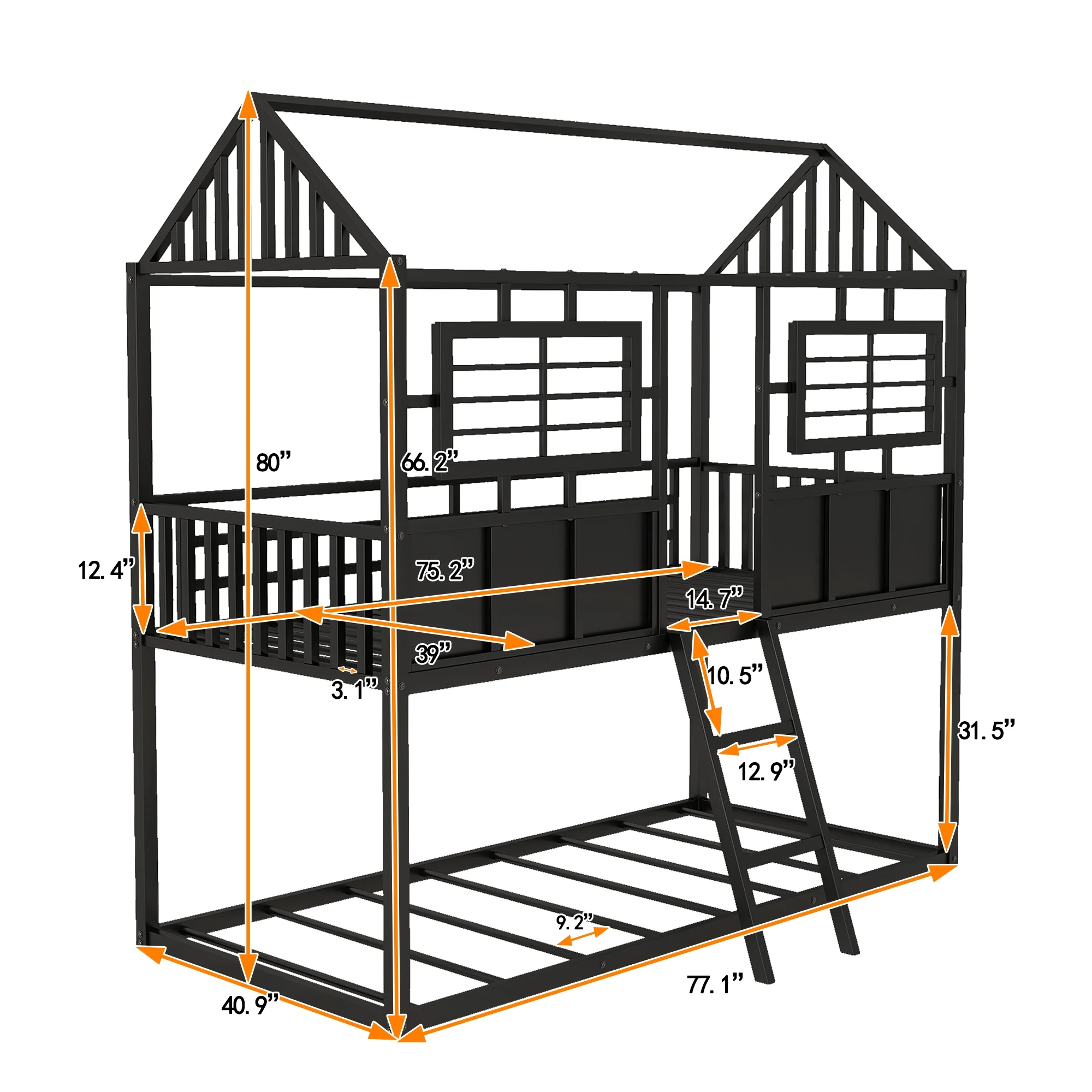 Twin over Twin House Bunk Bed with Windows, Metal Bunk Bed Frame with Roof and Fence-shaped Guardrail, Bunk Bed Frame with Guardrails (Black)