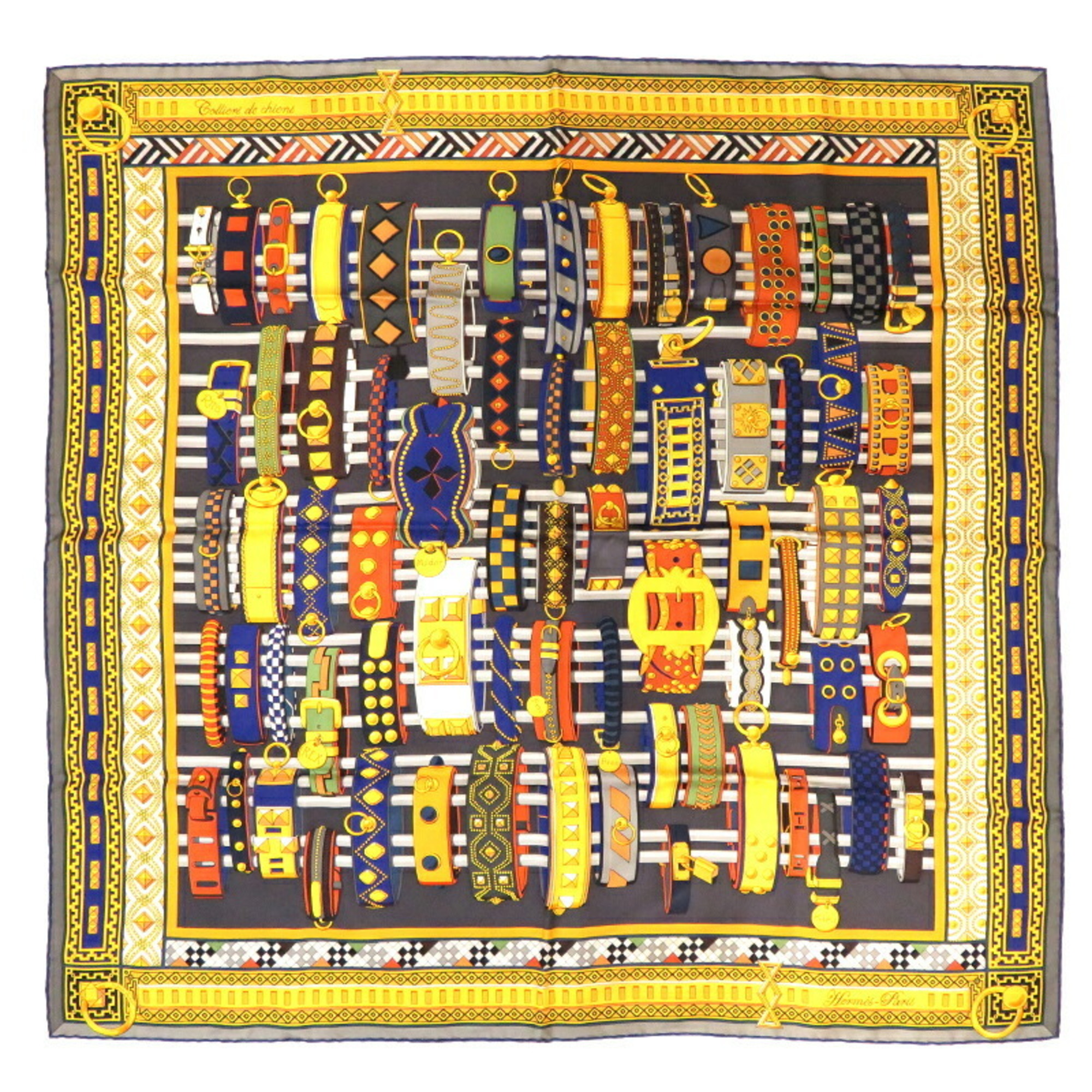 Pre-Owned Hermes Carre 90 Collier de Chien Women's Scarf Muffler 100% Silk Navy (Good)