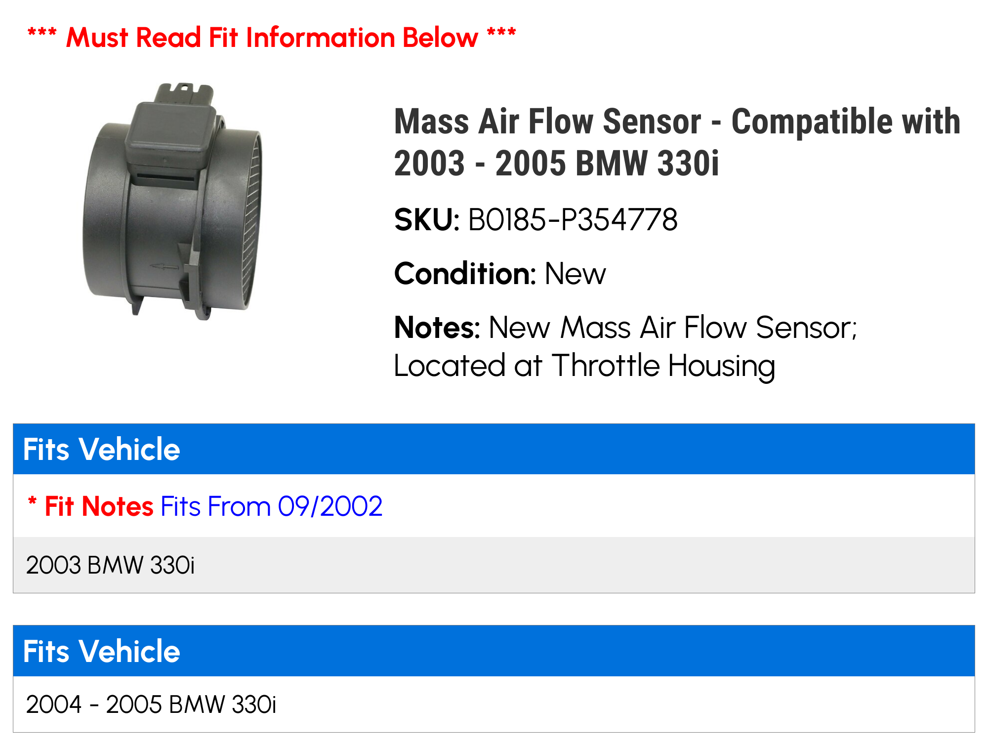 Mass Air Flow Sensor - Compatible with 2003 - 2005 BMW 330i 2004