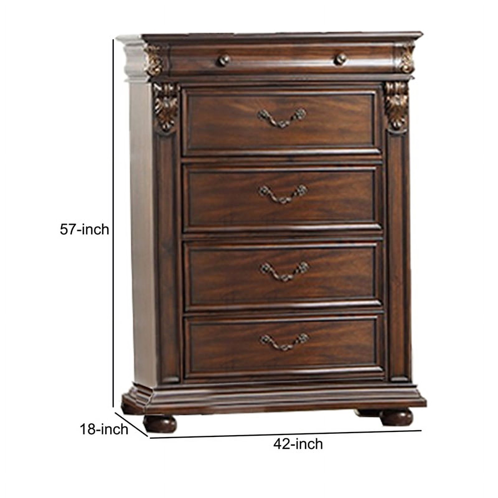 6 Drawer Wooden Chest with Molded and Carved Details, Brown