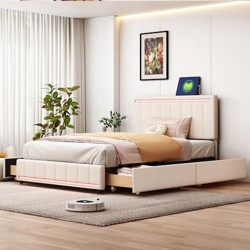 RUNFAYBIU Harper & Bright Designs LED Queen Size Platform Bed with  Nightstand and USB Ports  Teddy Fleece Upholstered Queen Bed Frame with  Drawer and Headboard  2-Piece Queen Bedroo
