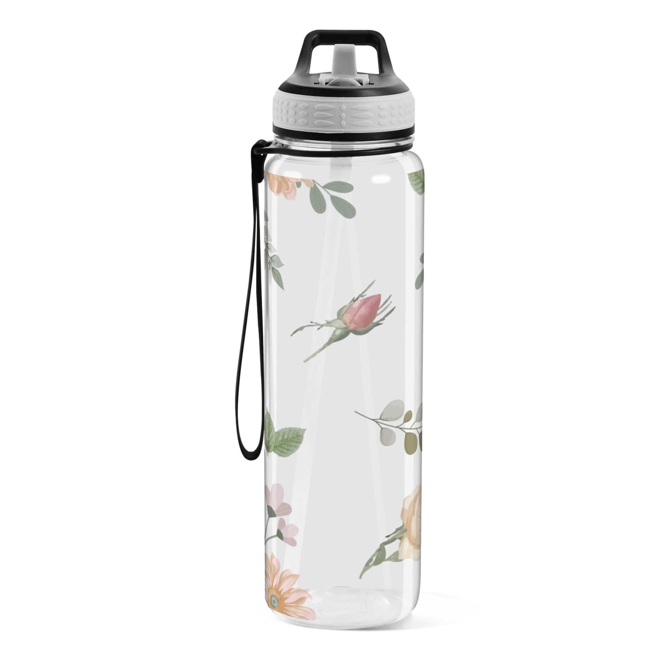 Beautiful Watercolour Flower 32oz Water Bottles with Straw Tritan Leakproof Sports Bottle BPA Free Clear for Fitness Gym Swimming Cycling