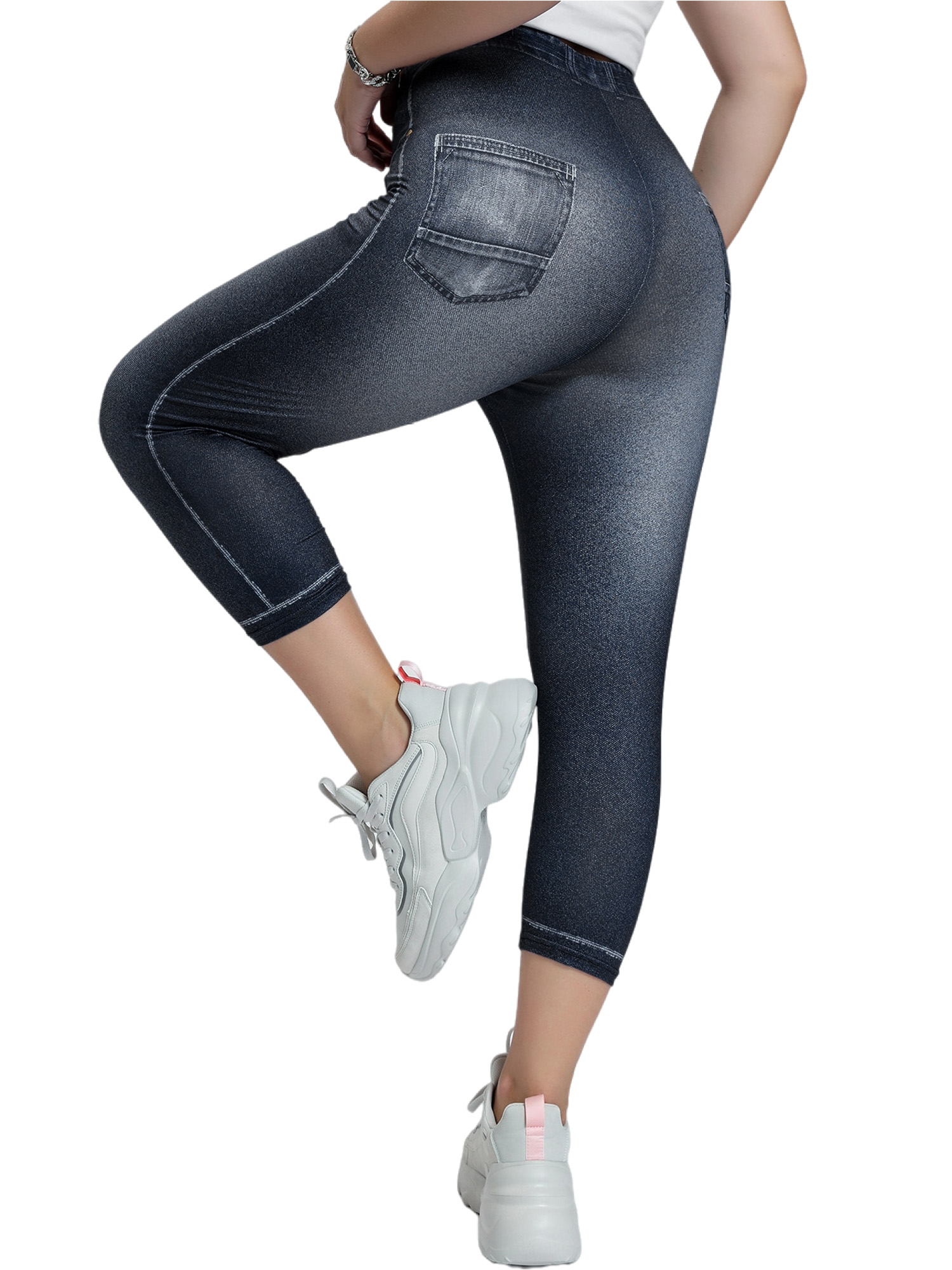 Niuer Ladies Capri Fake Jeans Oversized Look Print Jeggings Plus Size Printed Denim Leggings Stretch Pencil Pants High Waist Trousers Black 5XL